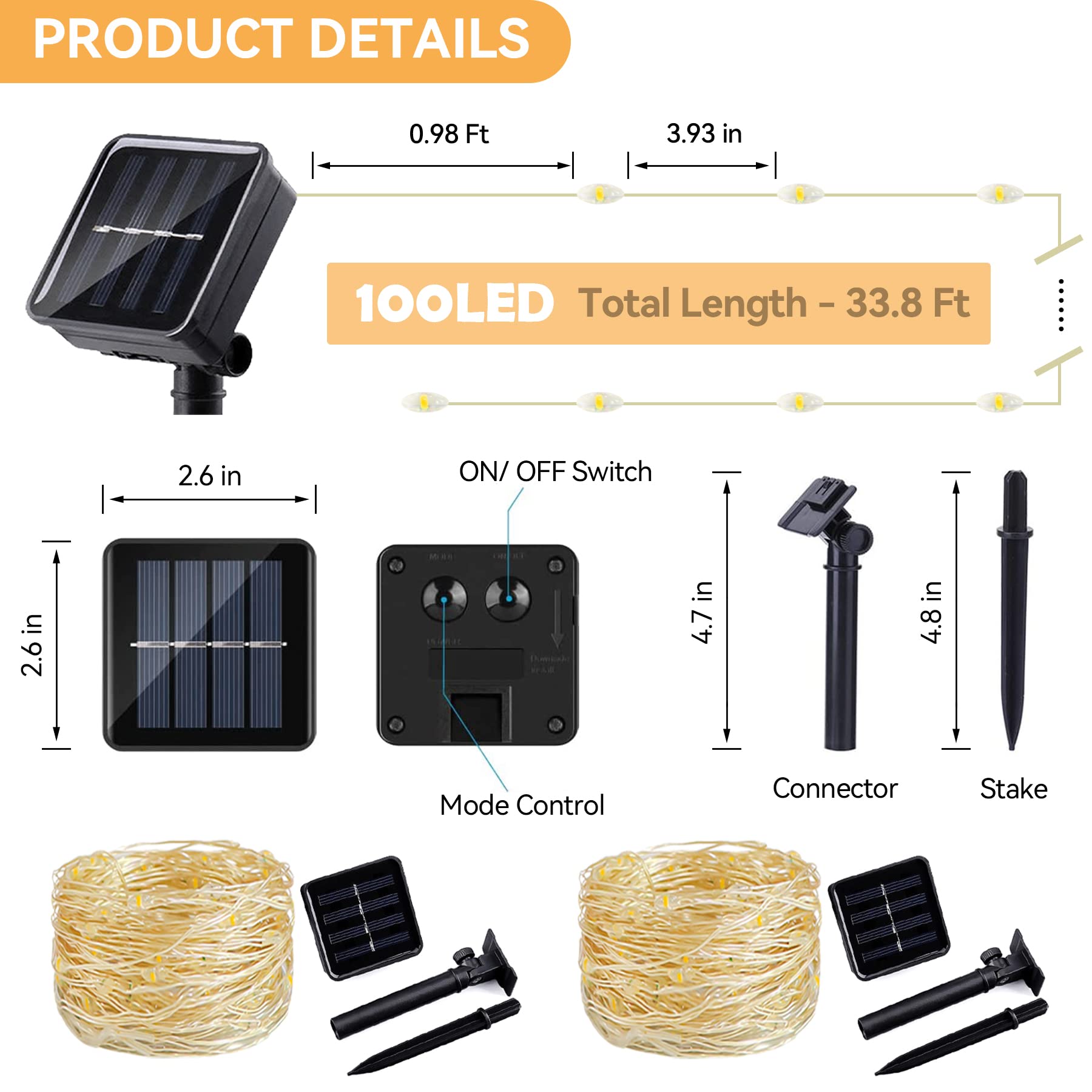LIGHTOP 2 Pack 33FT 100LED Solar String Lights Outdoor Waterproof Fairy Lights with Copper Wire - Warm White for Garden, Wedding, Party, Terrace, Yard, Tree & Patio Decoration | Perfect for Backyard, Landscape Lighting and Holiday Decor