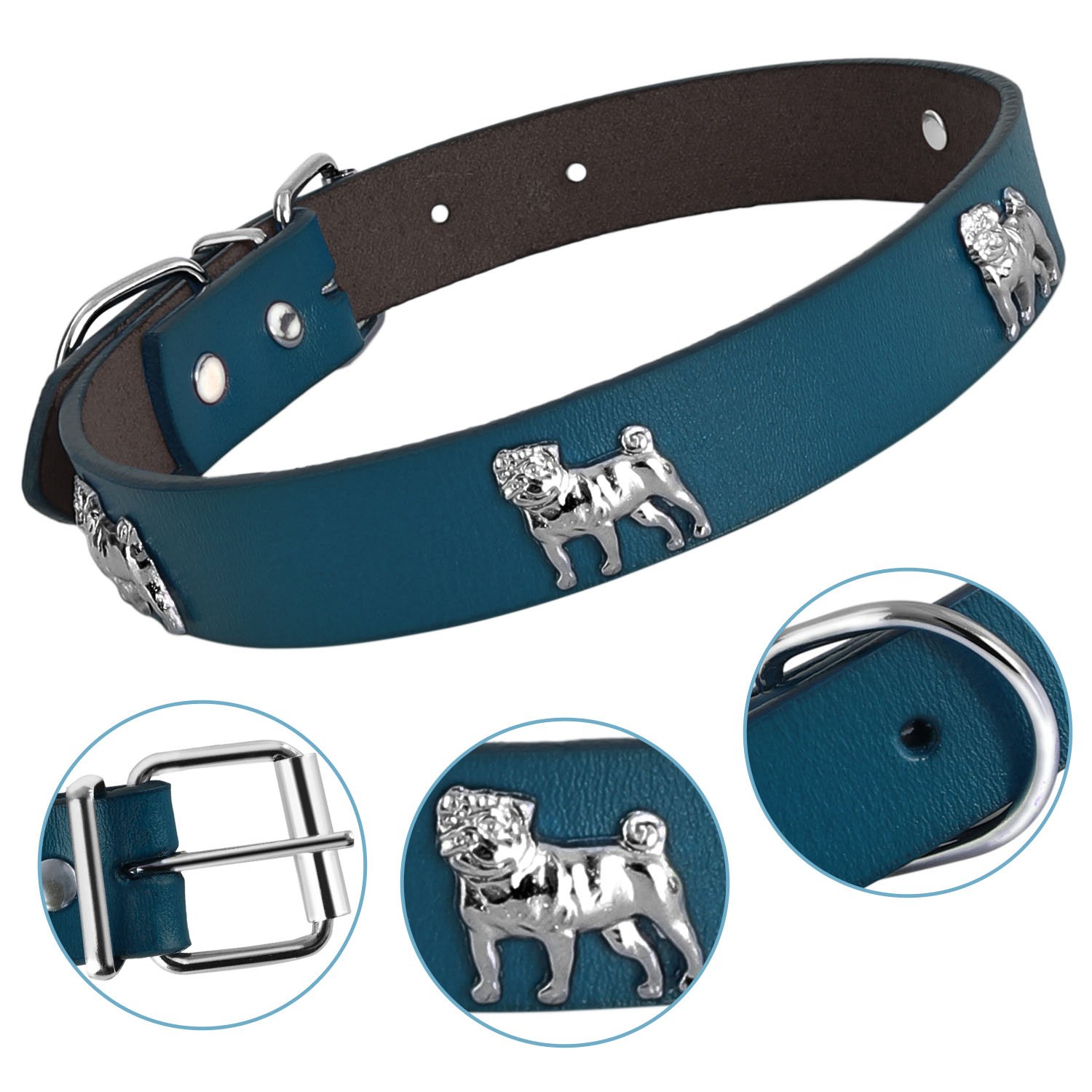 Genuine Leather Studded Dog Collar - Soft & Comfortable Pet Collar for Medium, Large & XL Dogs - Adjustable & Durable for Walking, Training & Outdoor Adventures (Blue, Size M)