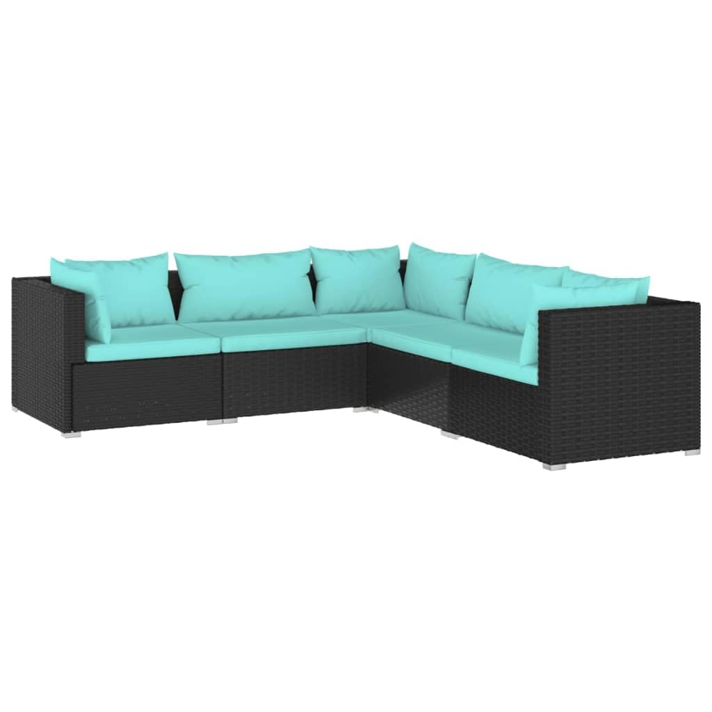 vidaXL 5-Piece Patio Lounge Set - Outdoor Garden Furniture, Black Poly Rattan Sectional Sofa with Cushions - Perfect for Backyard, Poolside & Patio Relaxation