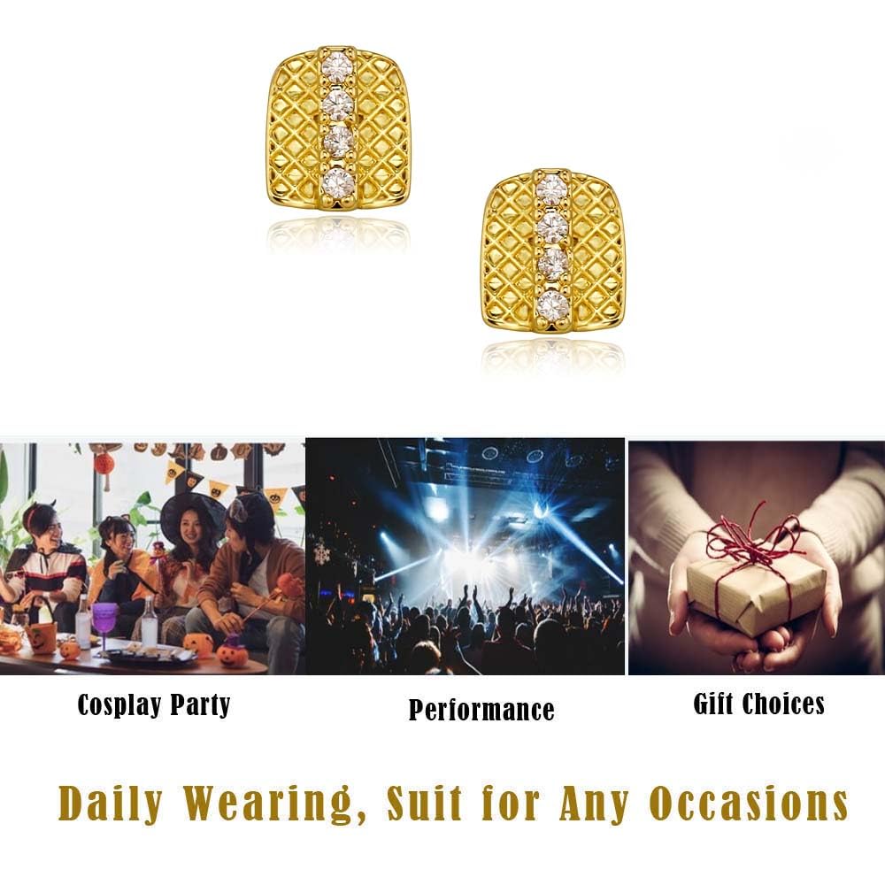 18K Gold/Silver Plated Iced Out Grillz - 2PCS Diamond & CZ Stone Tooth Caps for Men & Women | Hip Hop Rapper Costume Accessory | Perfect for Parties, Concerts & Photo Shoots