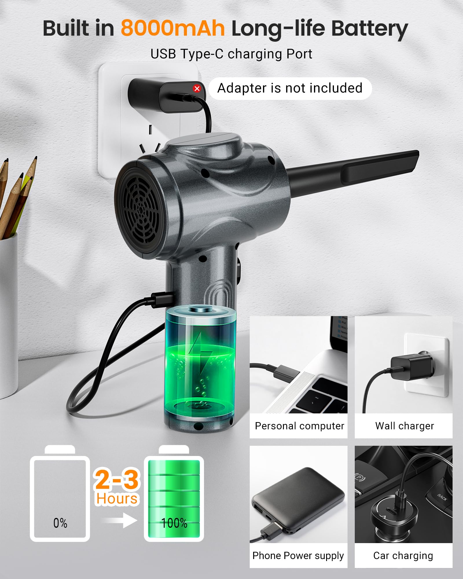 100,000 RPM Electric Compressed Air Duster for Computers & Electronics - 3-Speed Powerful Air Blower with LED Light for PC, Keyboard, Car Cleaning (Grey) - Perfect for Home Office, Gaming Setup & Electronic Maintenance