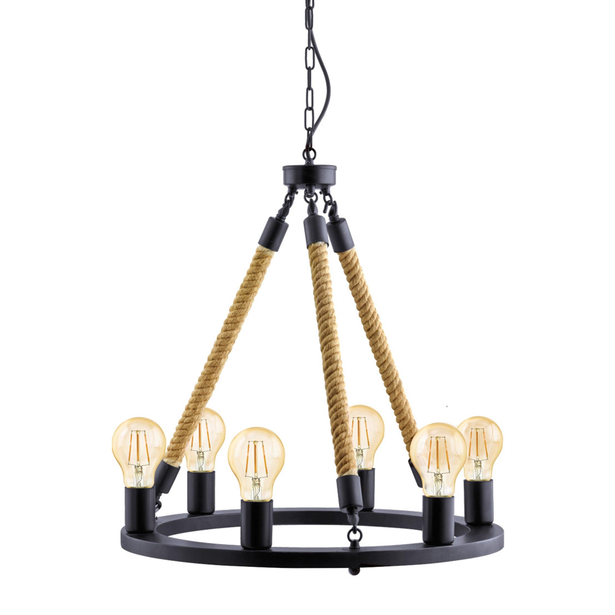 Eglo Findlay 6-Light Black Metal & Rope Ceiling Pendant Light Fixture - Modern Farmhouse Lighting for Dining Room, Kitchen Island, or Entryway