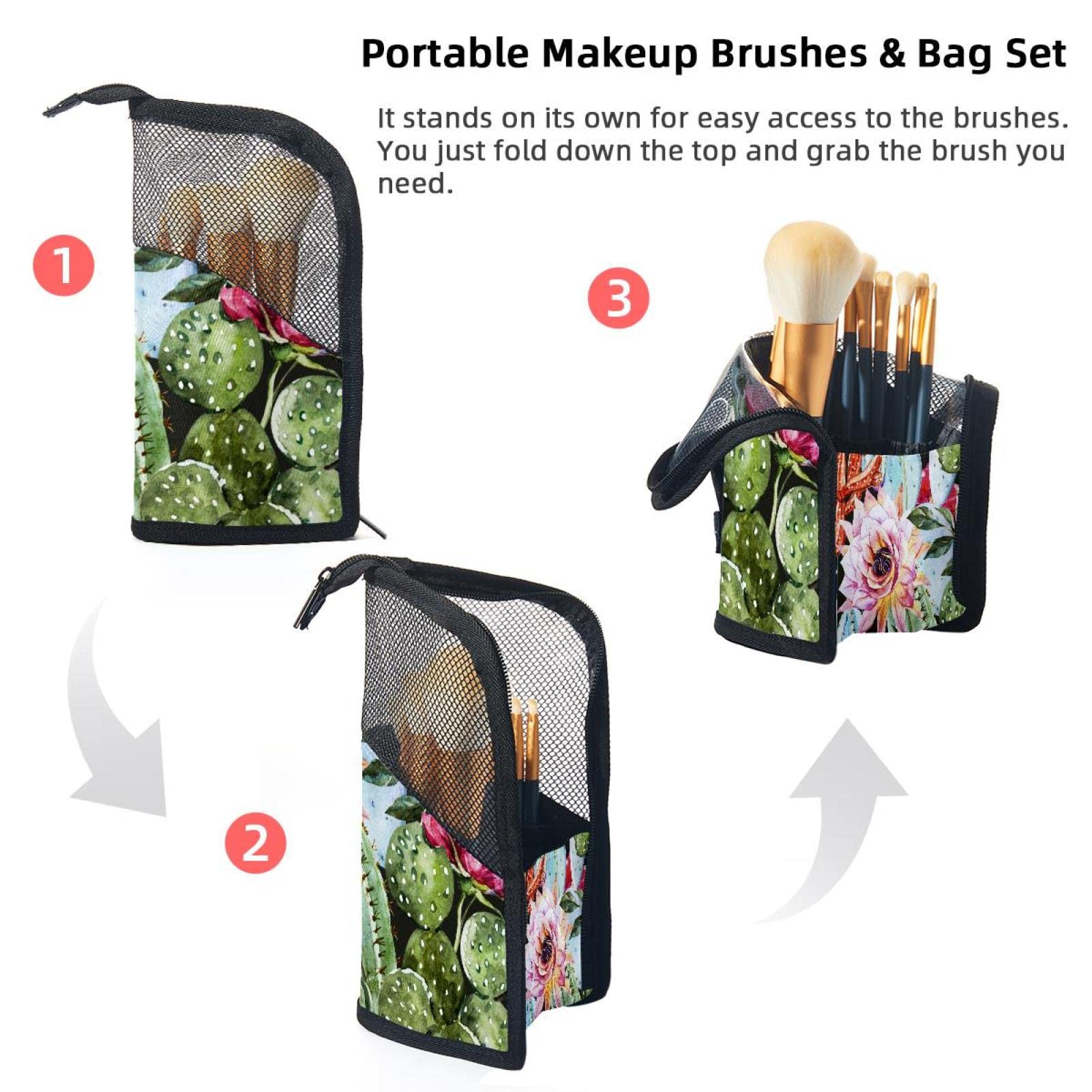 12-Piece Makeup Brush Organizer Bag with Cacti Flower Design - Portable Travel Cosmetic Brush Holder Case for Professional & Home Use