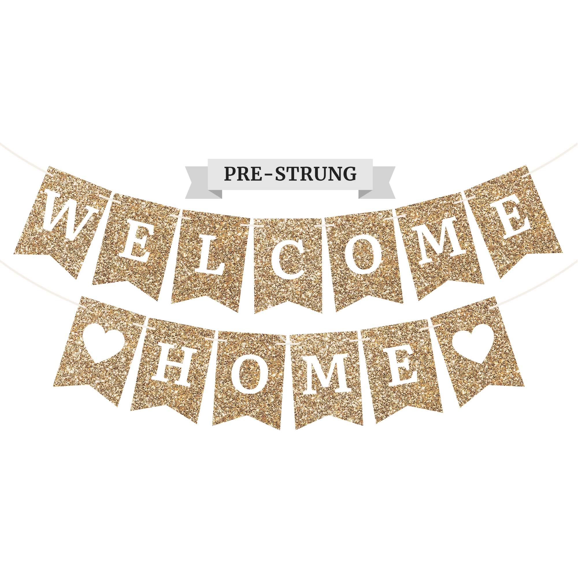 Gold Glitter Welcome Home Banner - Pre-Strung 6ft Ready-to-Hang Decor for Housewarming, Homecoming & Military Return Parties - Perfect for Front Door, Porch & Indoor Celebrations