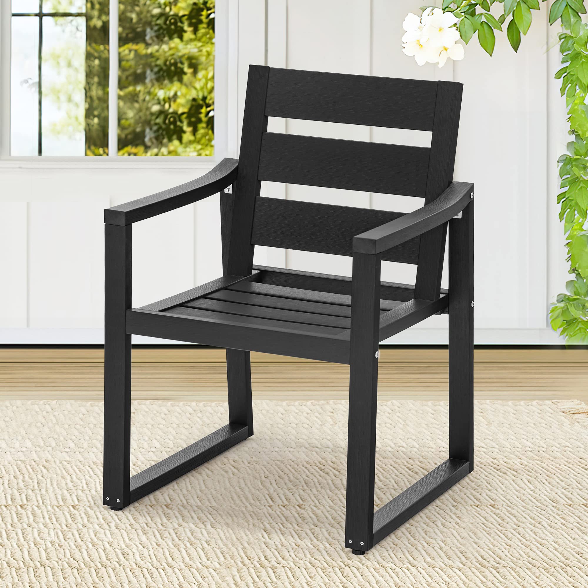 Heavy Duty HDPS Outdoor Dining Chairs 350LBS Capacity - All Weather Patio Chairs with Armrests & Square Frame Legs for Backyard, Garden, Lawn, Indoor/Outdoor Use - Perfect for BBQs, Poolside Relaxing & Outdoor Entertaining (Black)