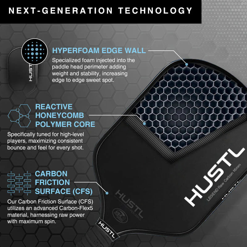 HUSTL Legend Gen 2 16mm Raw Carbon Fiber Pickleball Paddle - Lightweight & Durable for Competitive Play & Outdoor Games