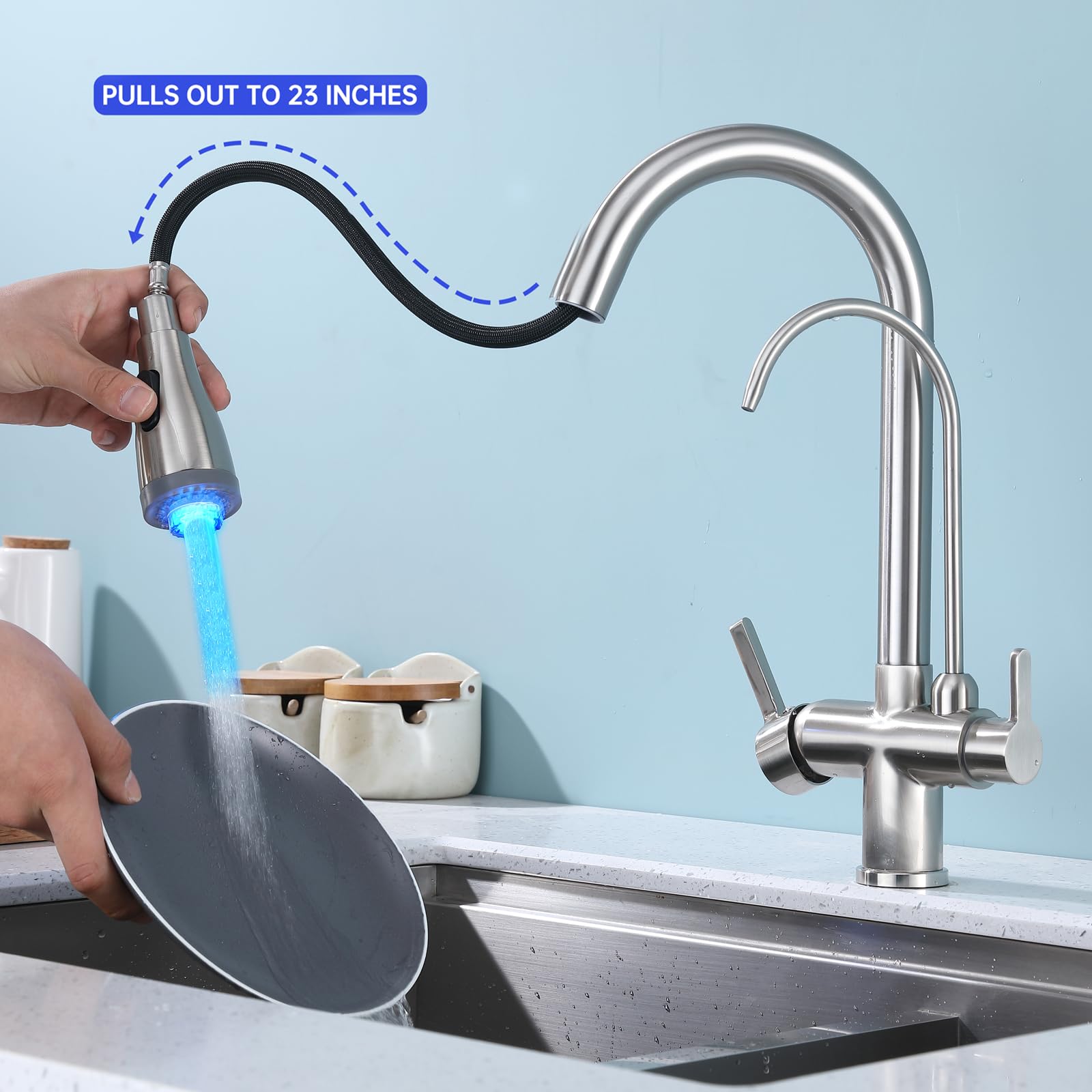 Brushed Nickel 3-in-1 Kitchen Sink Faucet with Pull Down LED Light Sprayer & Water Filter Purifier - Dual Handle Design for Farmhouse, Laundry, Camper, RV & Bar Use