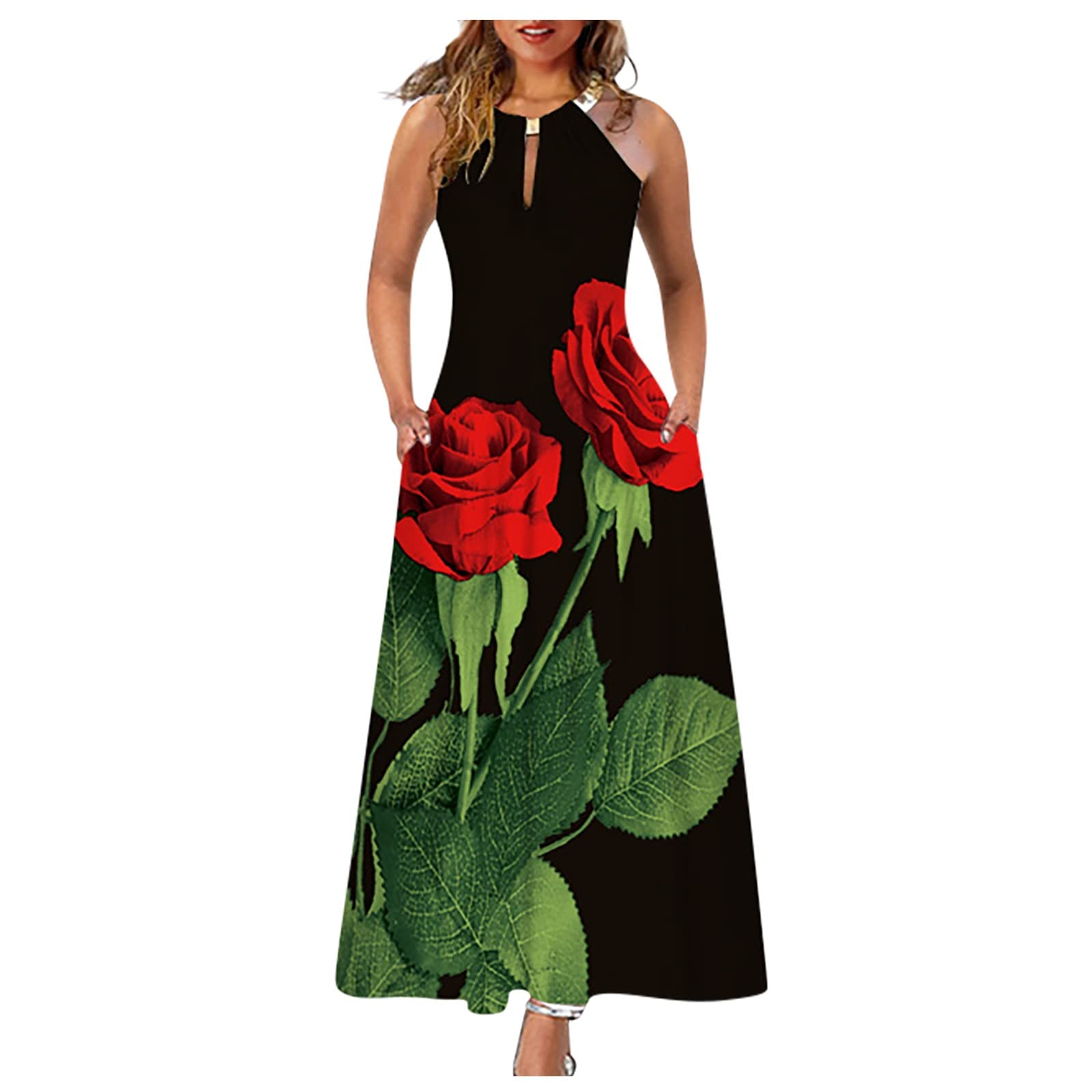 Women's Floral Print Summer Dresses with Pockets - Sleeveless Halter Hollow Out Casual Loose Beach Dress for Vacation, Party & Outdoor Activities