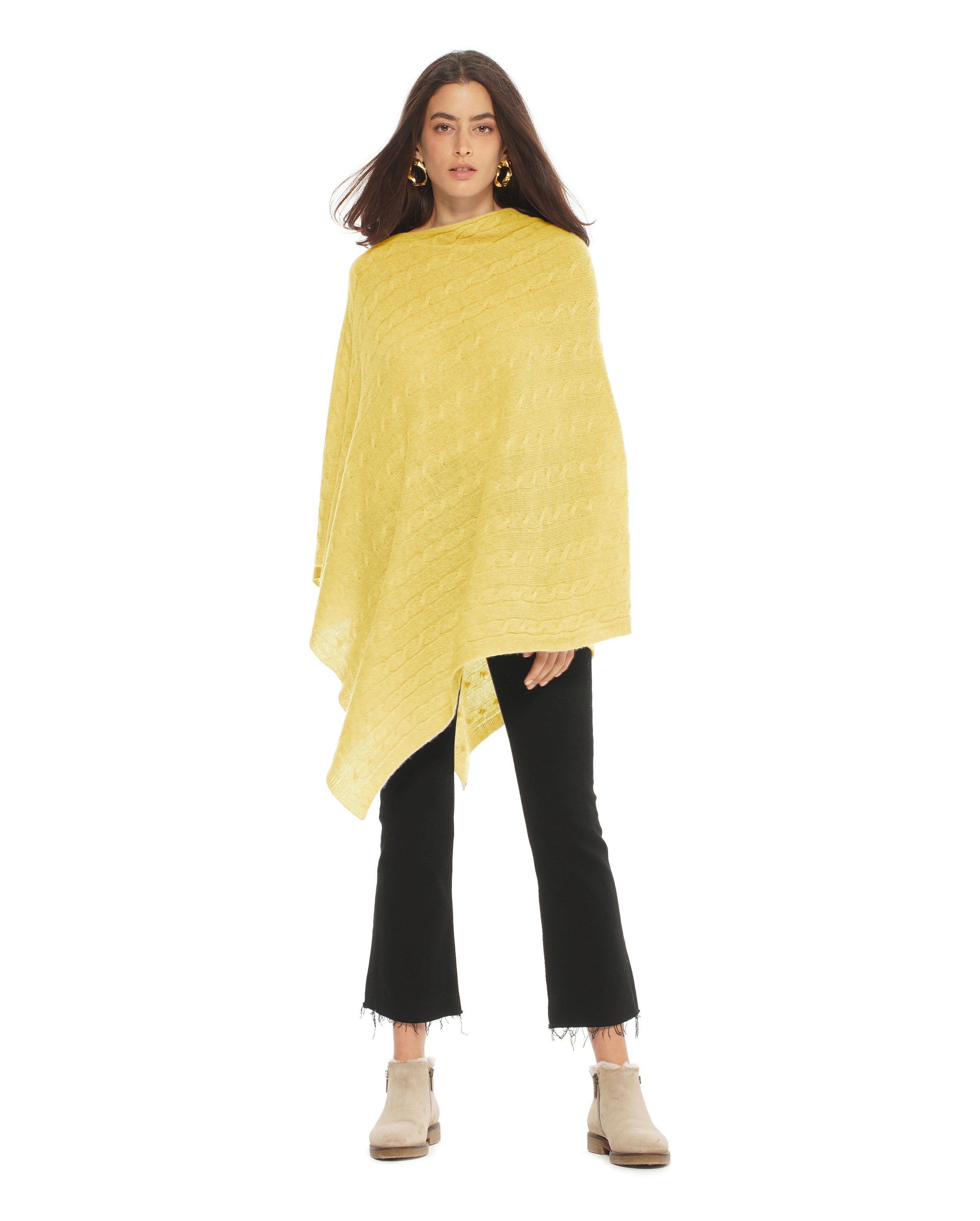 Women's Pure Cashmere Cable Knit Poncho - Soft Winter Shawl Wrap in Lemon Yellow | Cozy Outerwear for Fall & Winter Fashion