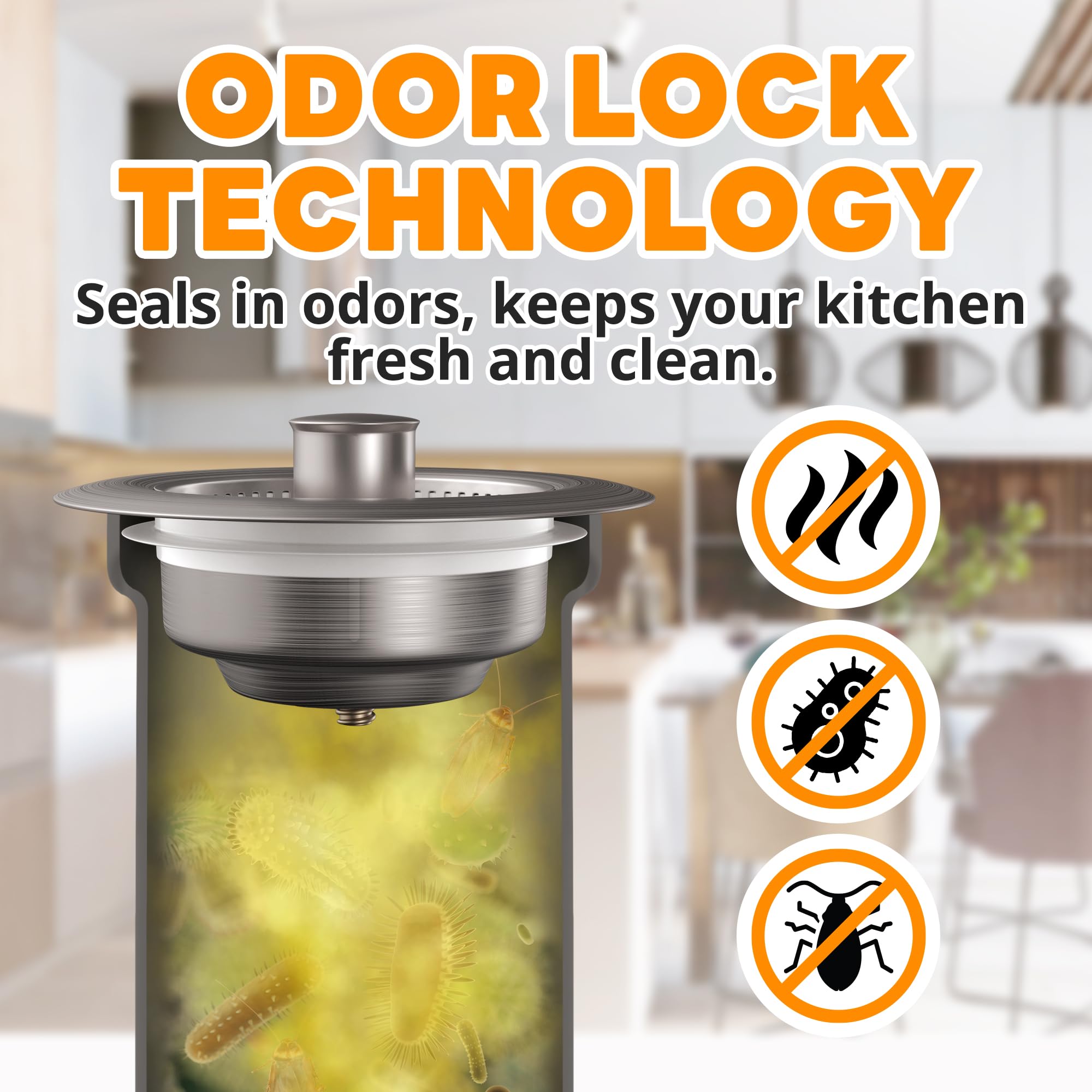 3-in-1 Kitchen Sink Drain Strainer with Leak-Proof Seal - Durable Stainless Steel Sink Stopper for Easy Installation & Cleaning - Perfect for Washing Dishes, Fruits & Vegetables in Standard Kitchen Sinks