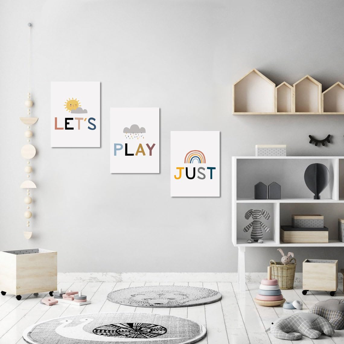 Kids Playroom Wall Decor - Playroom Sign & Let's Just Play Poster - Framed Classroom & Children's Room Art - Easy to Hang Playroom Wall Art for Bedrooms, Daycares & Preschools