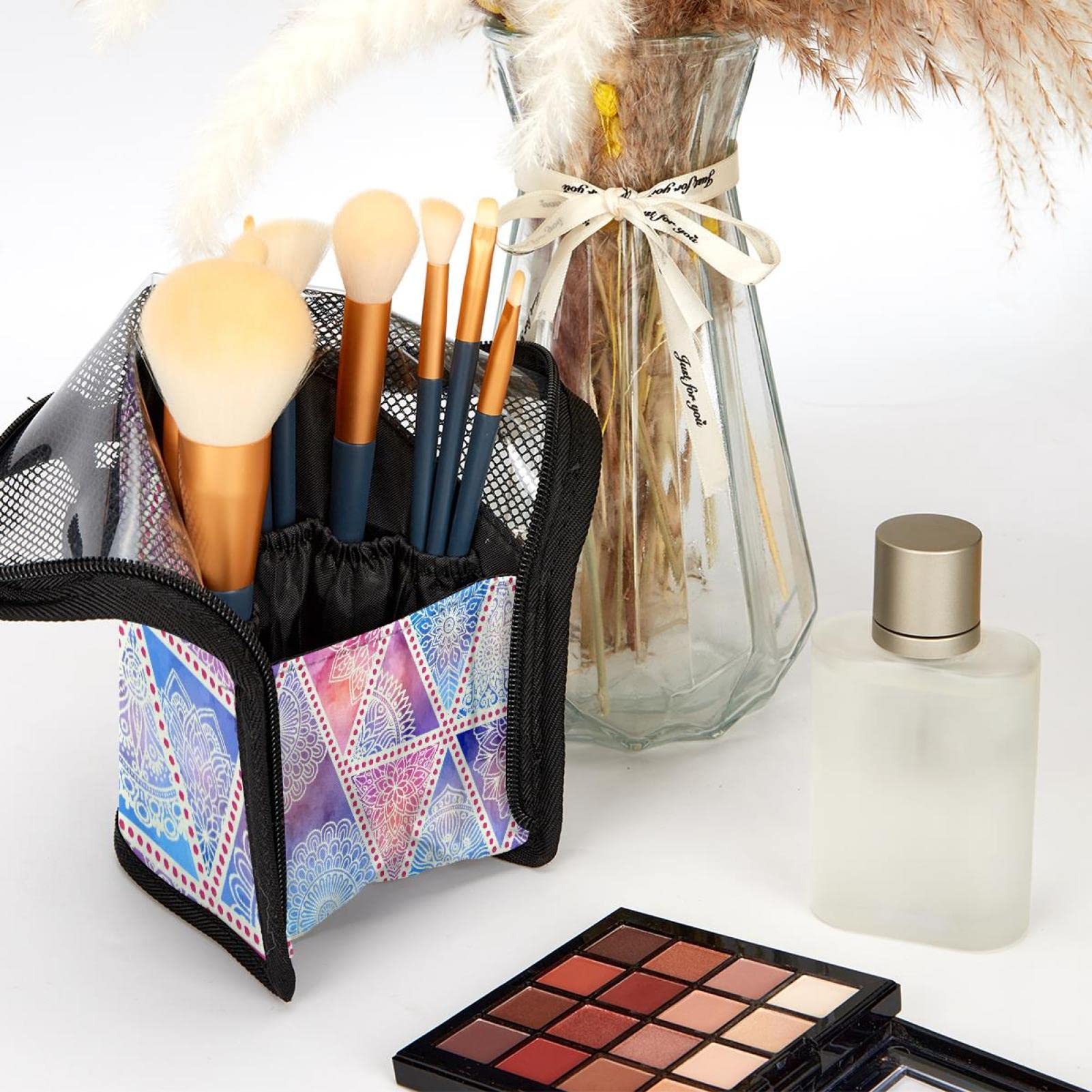 Ethnic Flower Mandala Vintage Makeup Brush Organizer Bag with 12 Brushes - Portable Cosmetic Brush Holder Case for Travel, Home & Professional Makeup Artists