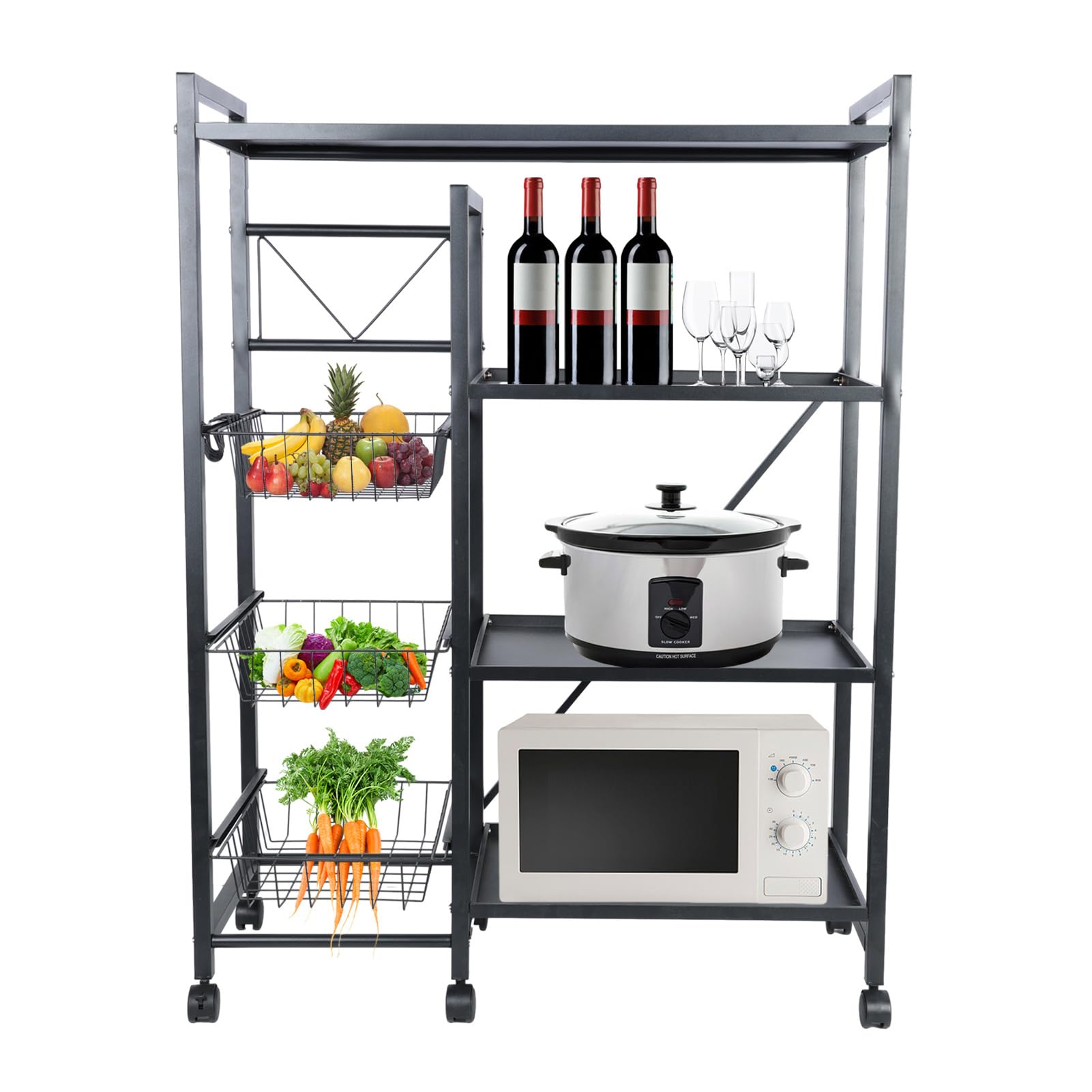 4-Tier Kitchen Bakers Rack with Wheels & S-Hooks - Rolling Coffee Bar Table, Microwave Stand with Wire Basket Storage - Ideal for Spices, Pots & Pans Organization - Perfect for Small Kitchens, Pantries & Coffee Stations (Black)