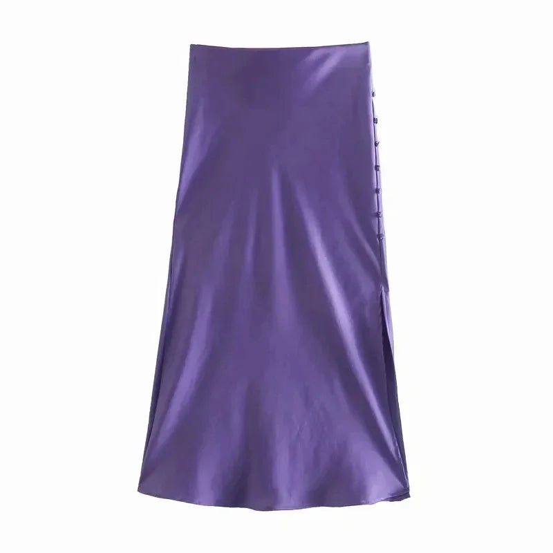 Foridol Women's High Waist Button Slit Midi Satin Skirt - Elegant A-Line Silk Skirt for Office & Autumn Wear | Perfect for Work, Date Night & Special Occasions