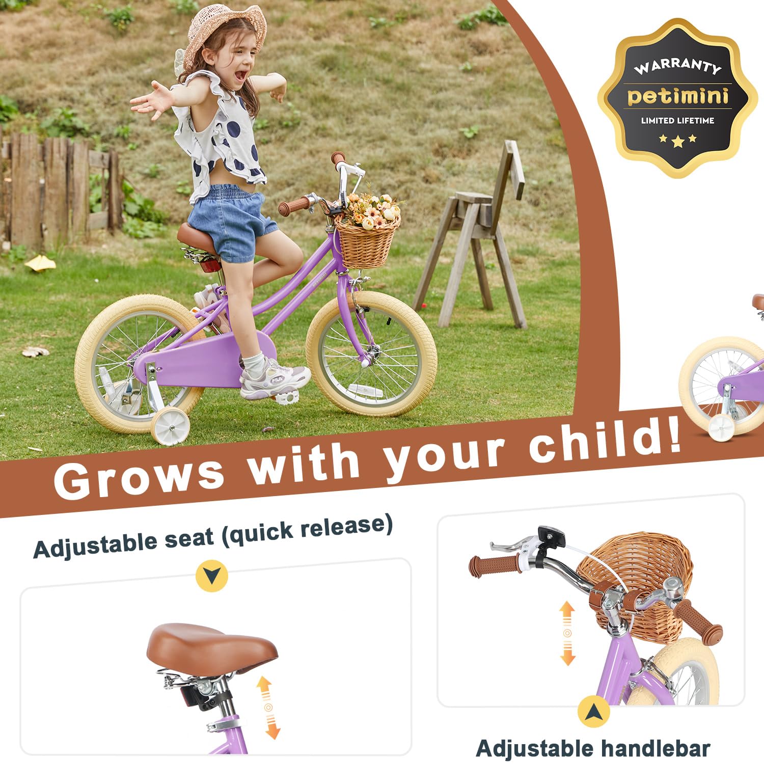 Petimini Girls Bike with Basket for Kids Ages 2-12 | 12-20 Inch Children's Bicycle with Training Wheels & Bell | Multiple Color Options | Perfect for Neighborhood Rides, Park Adventures & Learning to Cycle