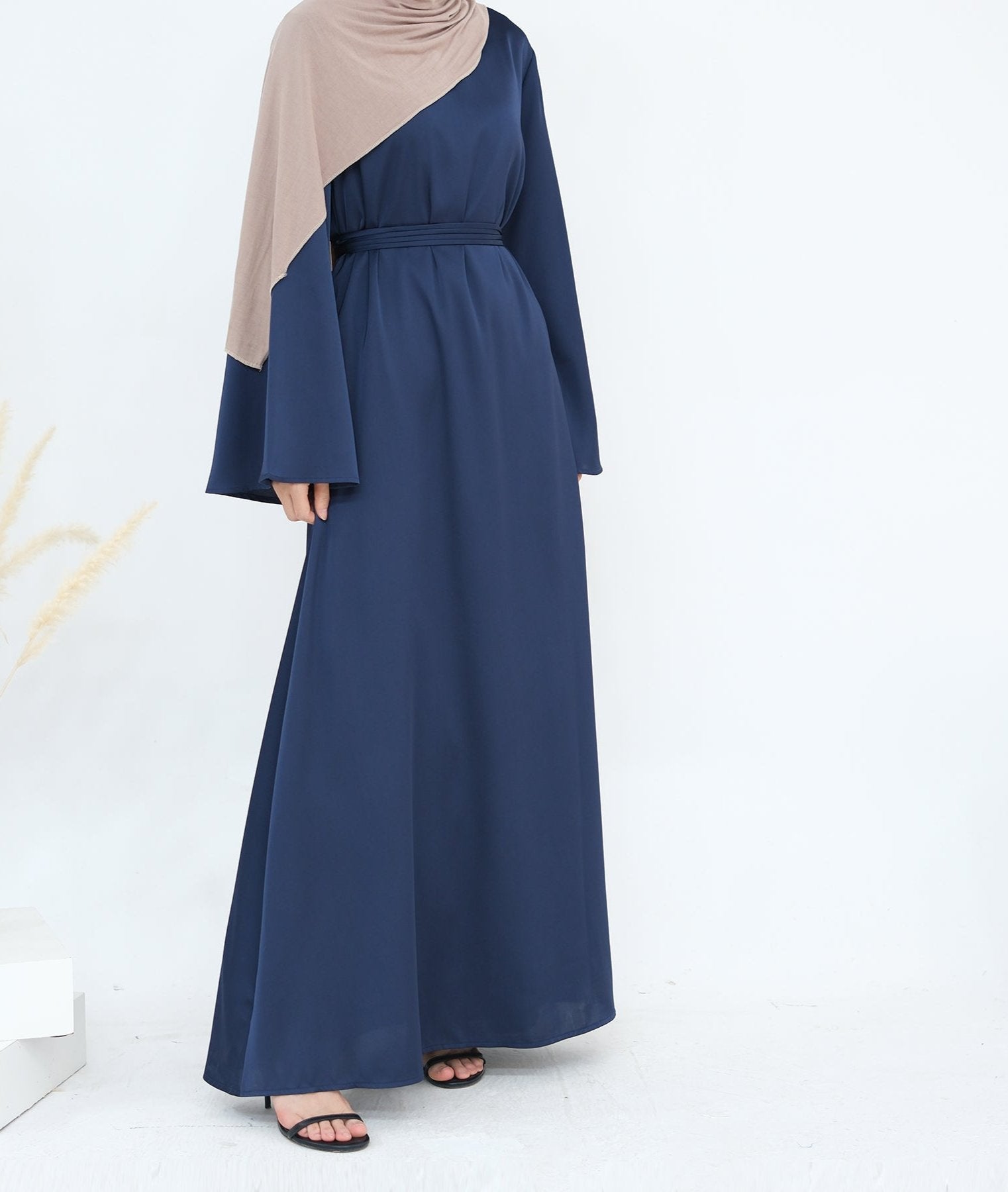 Elegant Calista Trumpet Sleeves Satin Dress in Denim Blue - Perfect for Weddings, Parties & Special Occasions