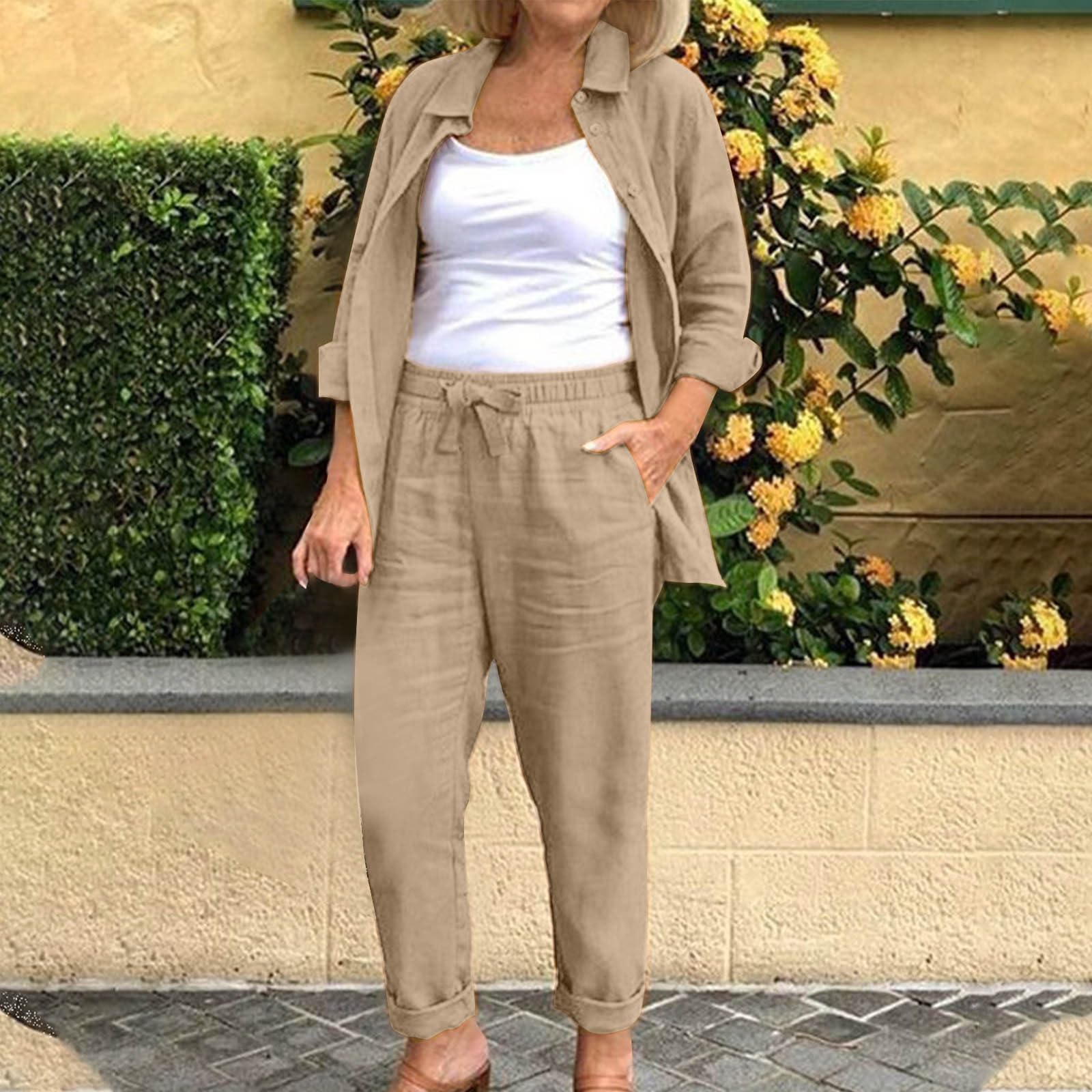 YMADREIG Women's 2-Piece Linen Outfit - Long Sleeve Button Down Shirt & Loose Linen Pants Set | Summer Casual Lounge Wear | Perfect for Beach Vacations, Brunch Dates & Relaxing at Home