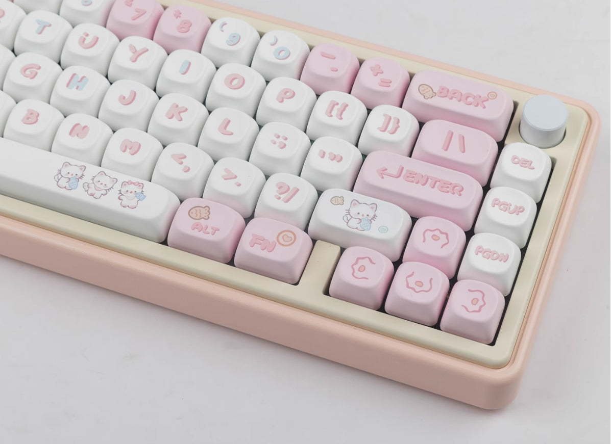 Pink MOA High MAC Heat Sublimation Custom Keycap Set - Cute Kitten Eating Fish Design for Mechanical Keyboards | Perfect for Gaming, Typing & Office Use