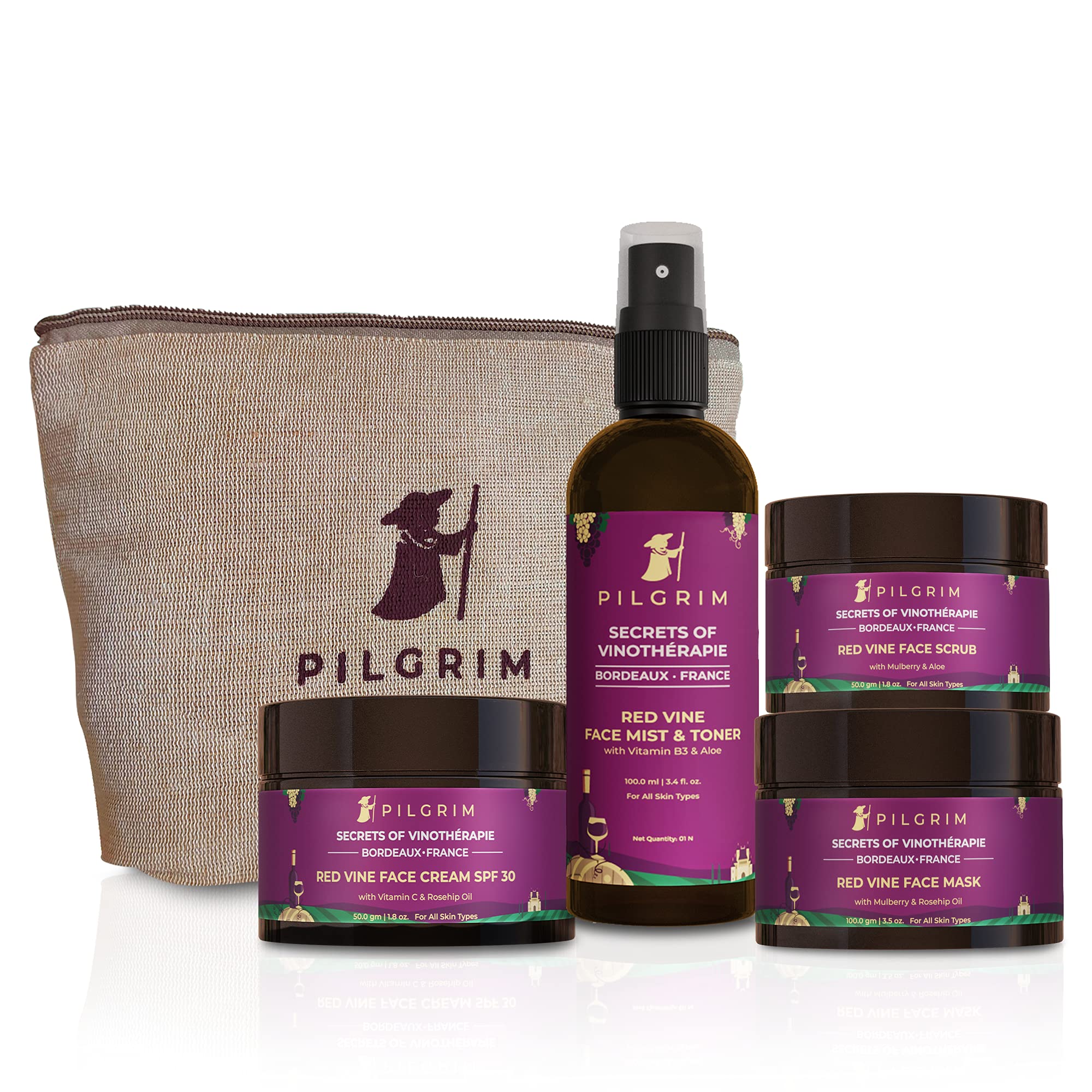 Pilgrim Red Vine At-Home Facial Kit with Eco-Friendly Jute Bag - Set of 4 Skincare Products: Face Toner, Scrub, Cream & Mask | Vegan & Cruelty-Free | Instant Glow | Perfect for Spa Night, Self-Care Routine & Gift Giving