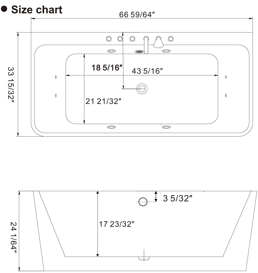 Empava 67-Inch Freestanding Acrylic Whirlpool Bathtub with Center Drain - Modern Rectangular Soaking Tub for Luxury Bathroom & Spa Relaxation at Home