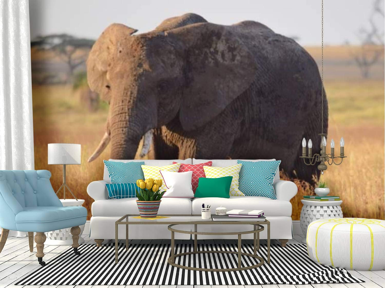 RECETHROWS Elephant in The Serengeti Peel and Stick Wallpaper - Self-Adhesive Removable Vinyl Wall Mural for Home Decor, Large Wall Sticker, Shelf Liner - Perfect for Living Room, Bedroom, Nursery & Office