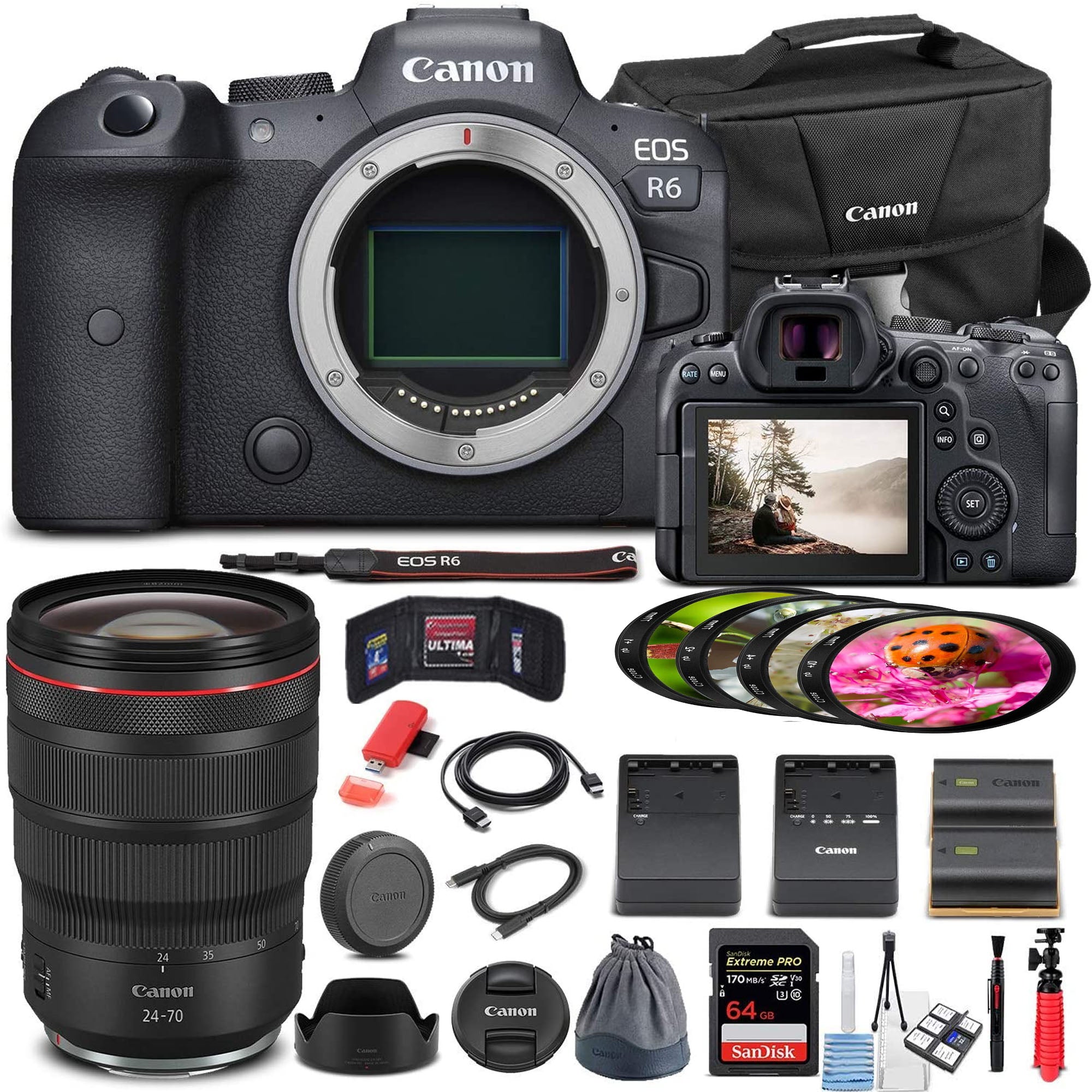 Canon EOS R6 Mirrorless Digital Camera with RF 24-70mm f/2.8 Lens Kit - 64GB SD Card, Camera Case, Extra Battery & Accessories Bundle for Professional Photography & Videography