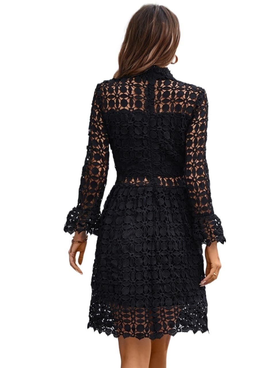 Elegant Black Women's Mock Neck Lace Flounce Sleeve Mesh Insert A-Line High Waist Short Dress for Cocktail Party, Date Night & Formal Occasions