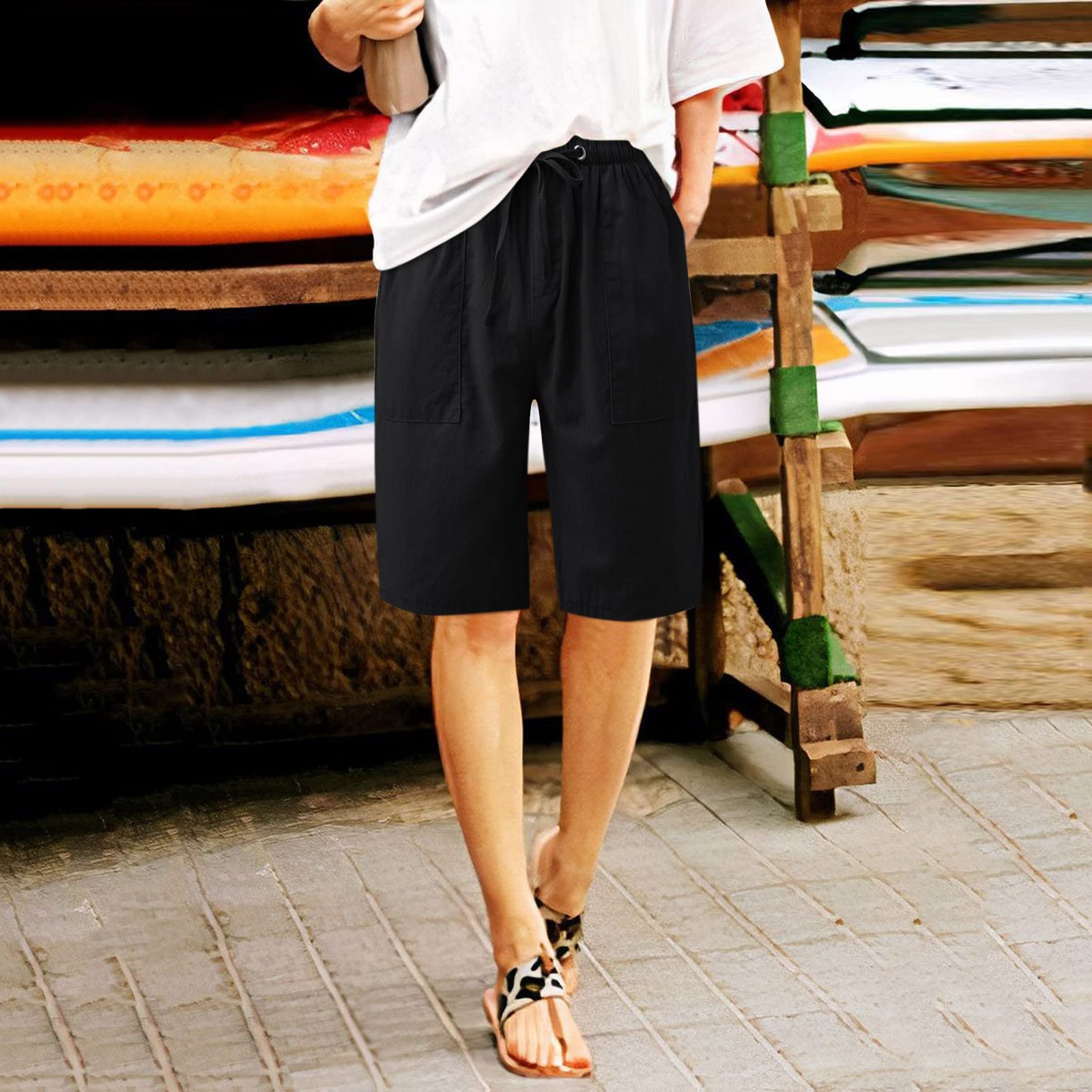 Women's Cargo Shorts with Lace Detail, Elastic Waist, Front & Back Pockets - Perfect for Casual Daily Wear and Outdoor Activities