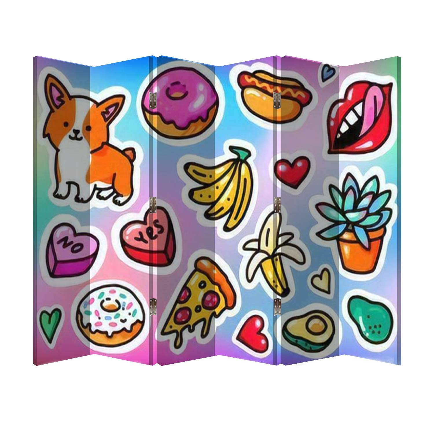 6-Panel Wooden Folding Room Divider Screen with Corgi Dog, Pizza & Donut Holographic Canvas Design - Office Privacy Partition & Wall Decor for Home, Bedroom, and Workspace