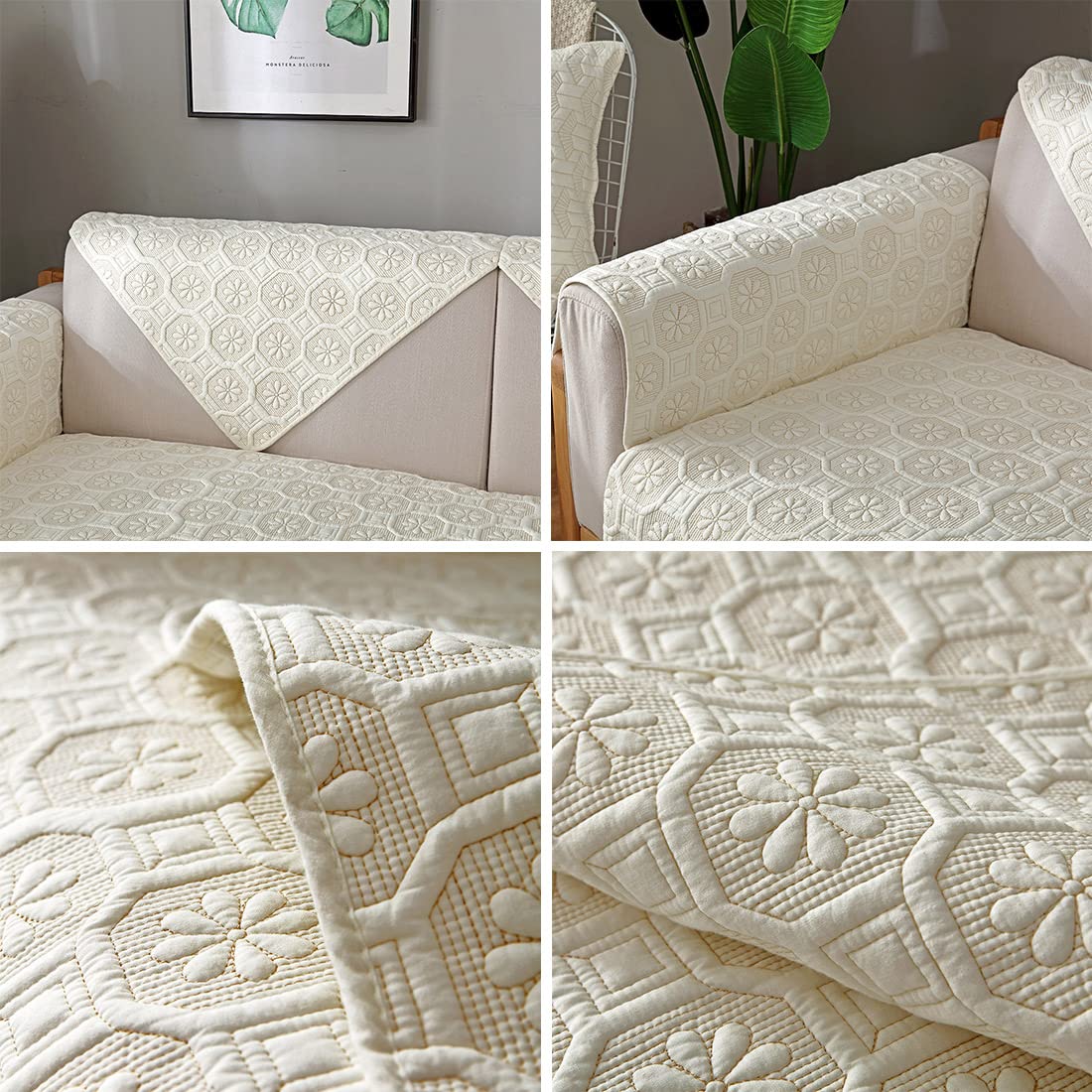VCTOPS Geometric Embroidery Cotton Sofa Cover - Farmhouse Style Sectional Couch Slipcover for Pets, Fits L-Shaped & Recliner Sofas (43