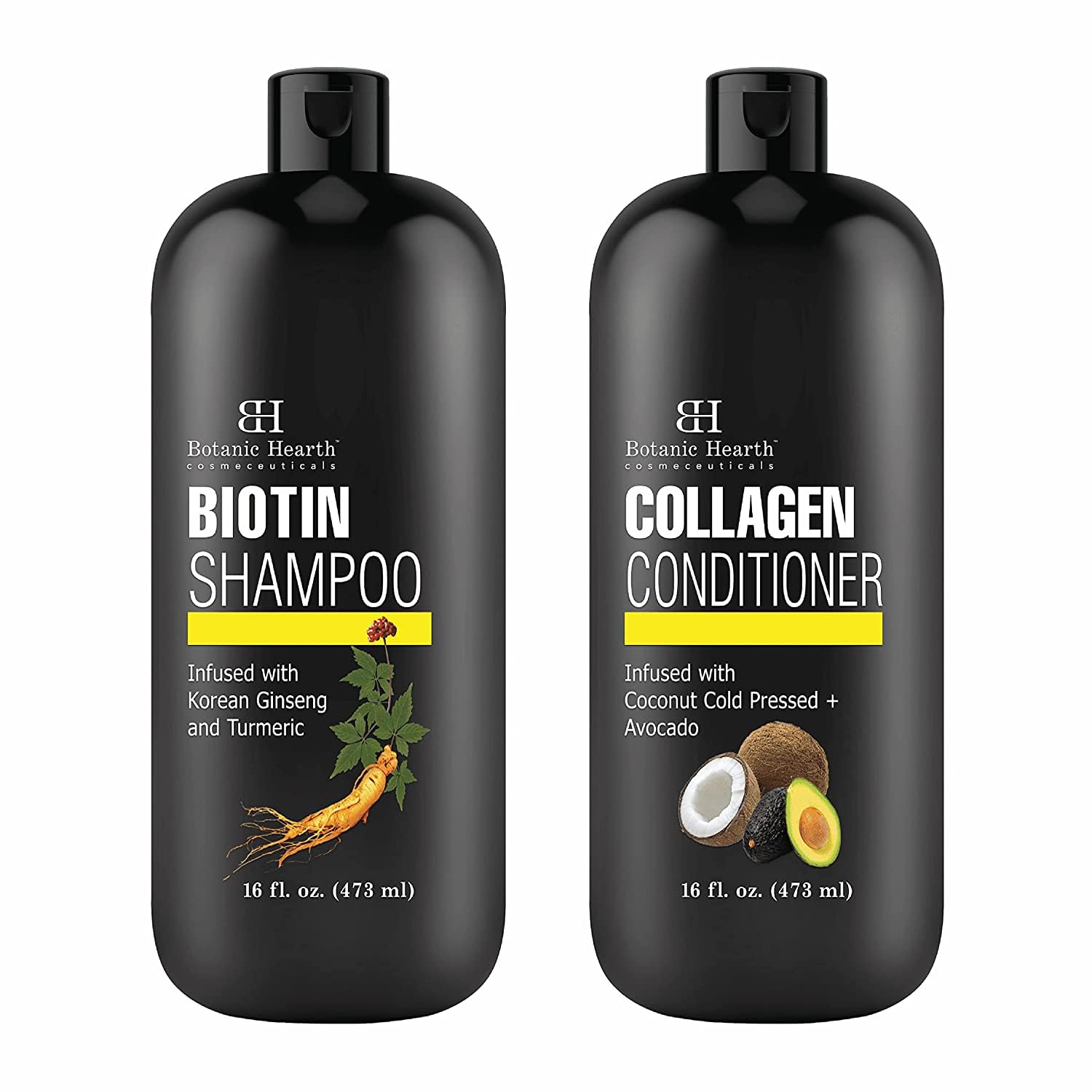 Botanic Hearth Biotin Shampoo & Conditioner Set with Collagen - Korean Ginseng & Turmeric for Hair Loss Prevention, Avocado & Coconut for Hair Growth - 16 fl oz (2 Pack) - Perfect for Thinning Hair & Scalp Care at Home