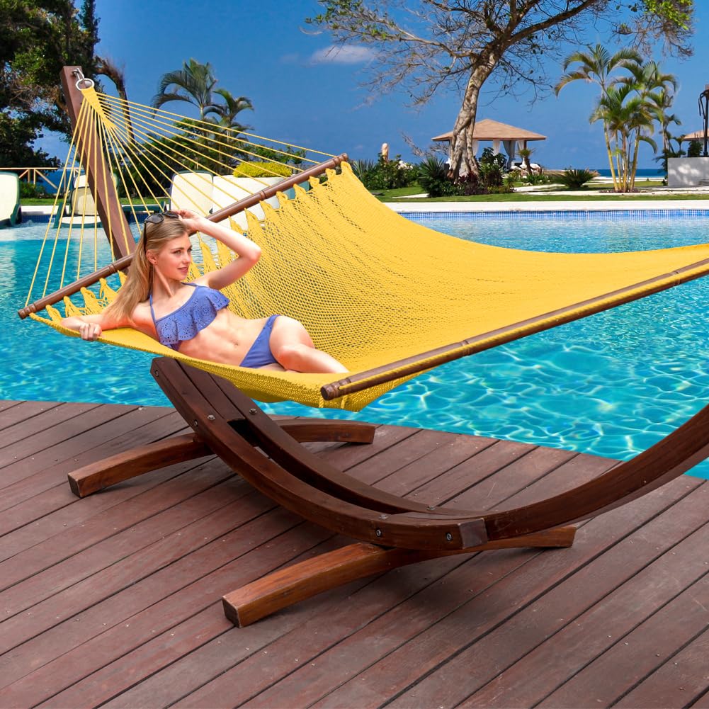 10.5 FT Double 2 Person Caribbean Rope Hammock - Hand Woven Polyester Outdoor Hammock with Spreader Bars - Extra Large Backyard, Poolside & Patio Hammock - 450 LBS Capacity - Yellow - Perfect for Relaxing in Garden, Beach or Camping