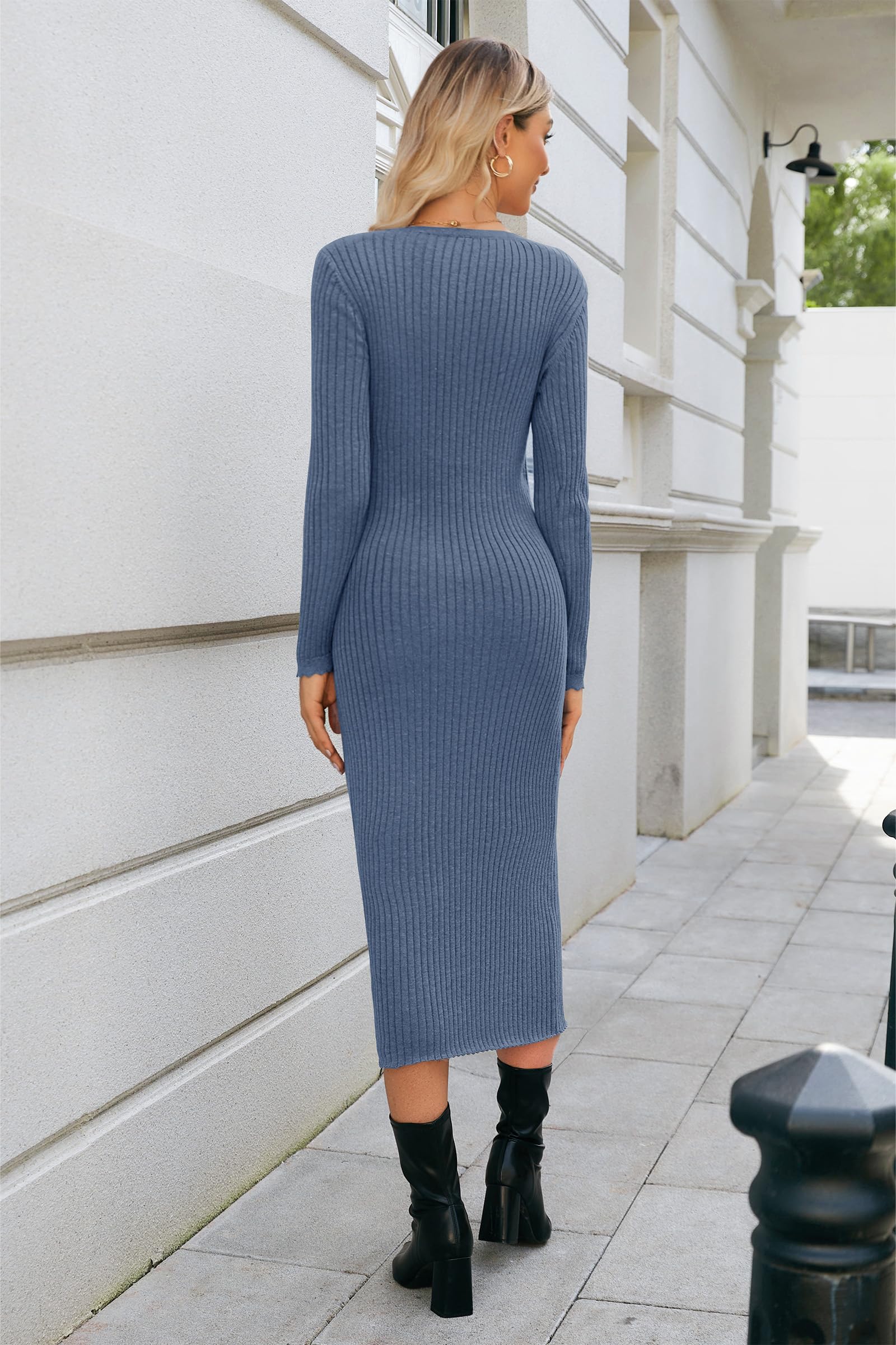 OUGES Women's Wool Blend Maternity Sweater Dress - 2024 Fall V-Neck Long Sleeve Slim Fit Ribbed Knit Midi Bodycon Dress for Pregnancy & Nursing | Perfect for Office, Date Night & Maternity Photos