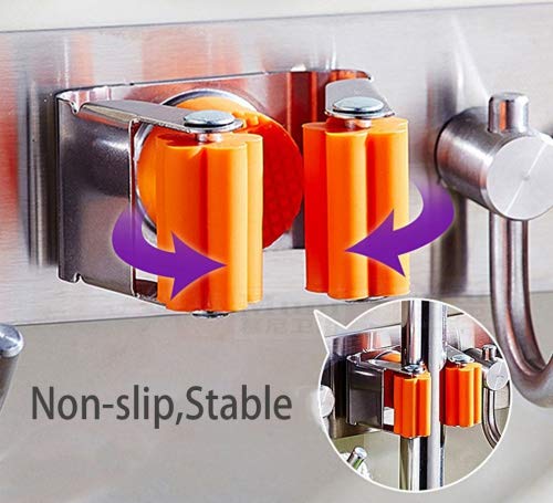 No Drill Broom Mop Holder - Stainless Steel Wall Mounted Organizer with 3 Positions & 4 Hooks for Garage, Closet, Garden Storage - Space Saving Tool for Brooms, Mops, Rakes & Cleaning Supplies (Gray) - Perfect for Home, Kitchen, Bathroom & Utility Room Organization