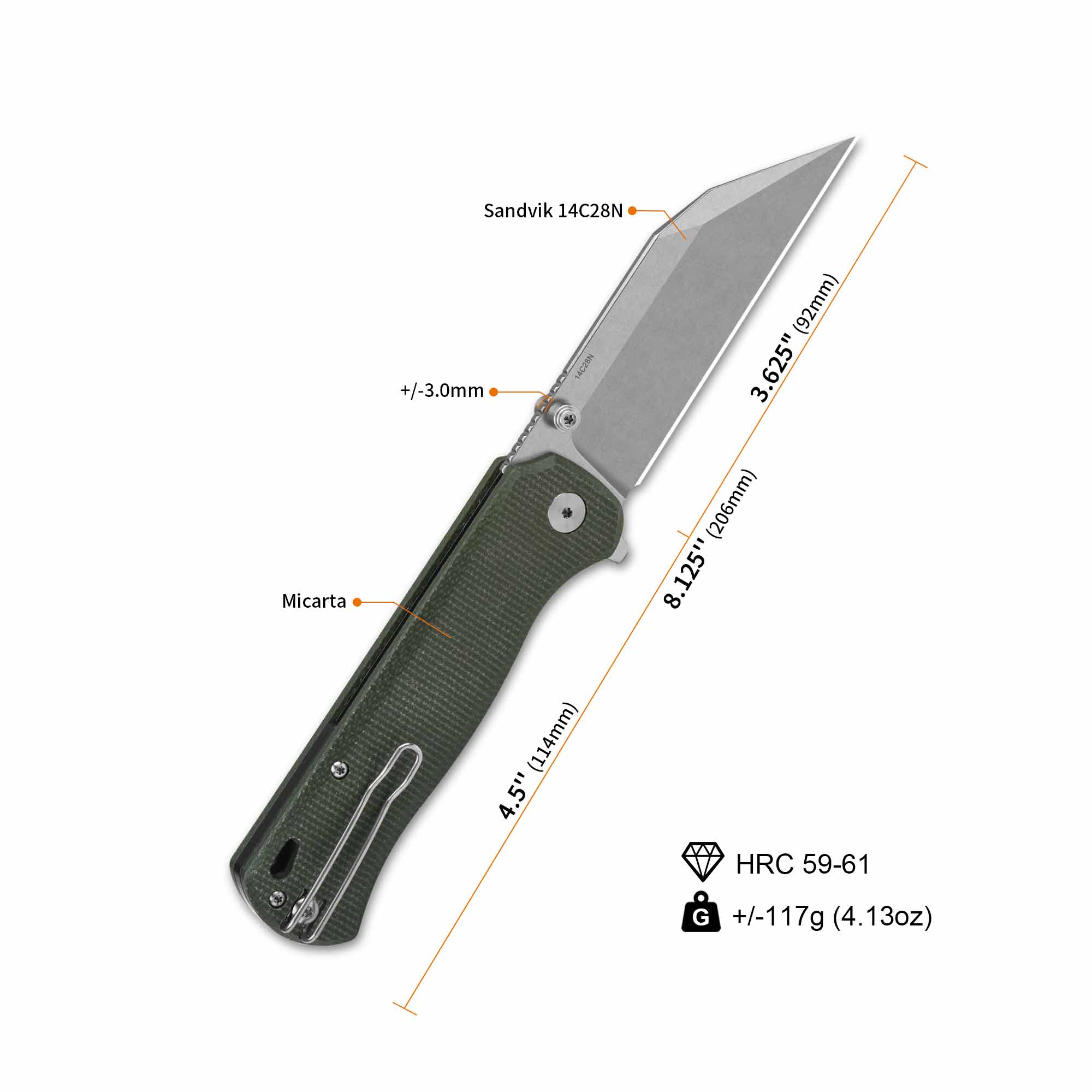 Premium QSP Swordfish Button Lock Pocket Knife - 14C28N Stainless Steel Blade with Green Micarta Handle - EDC Folding Knife for Camping, Hiking & Outdoor Adventures