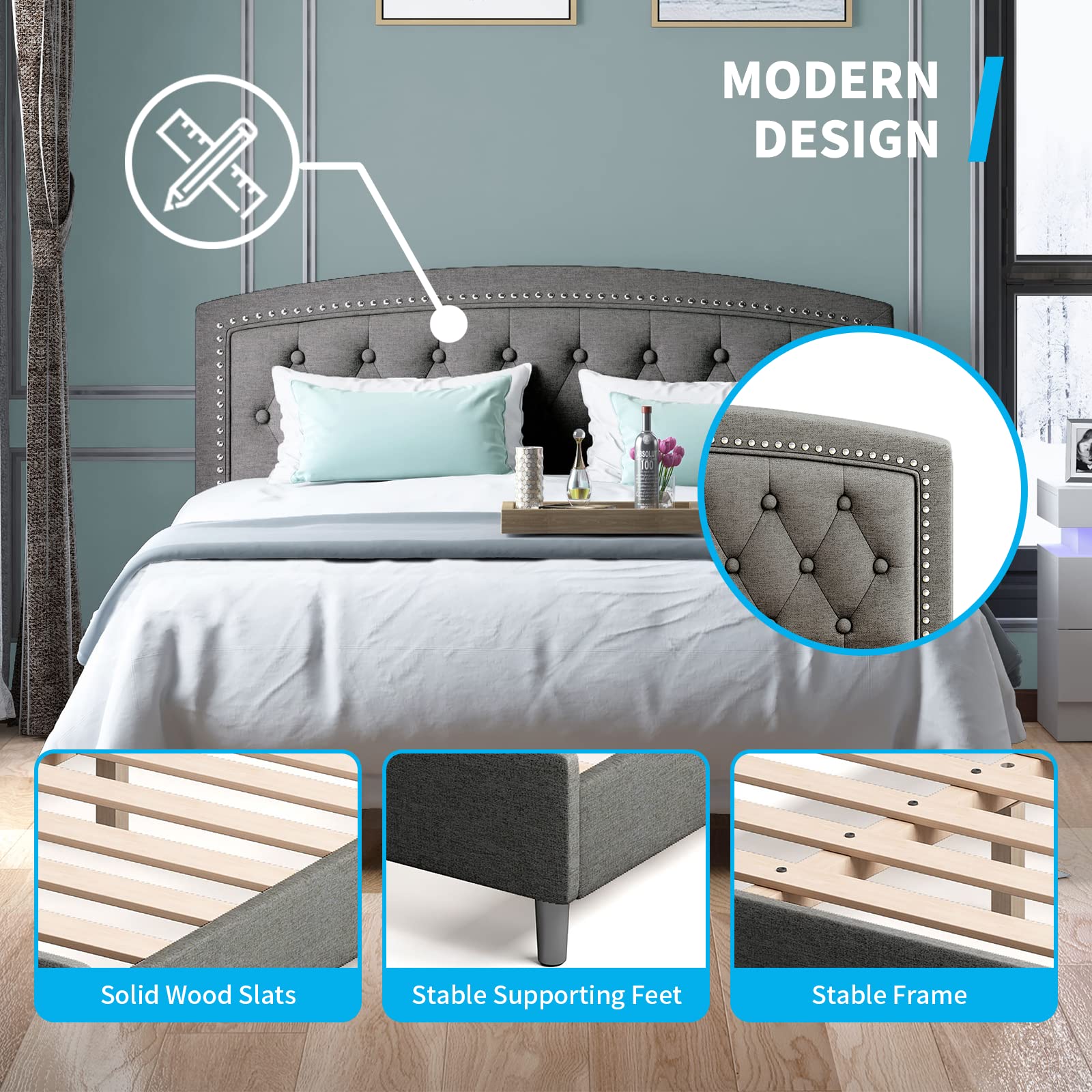**Mjkone Full Size Bed Frame with Adjustable Headboard - Thin Velvet Upholstered Wood Platform Bed, Dark Grey - Perfect for Modern Bedrooms & Guest Rooms**