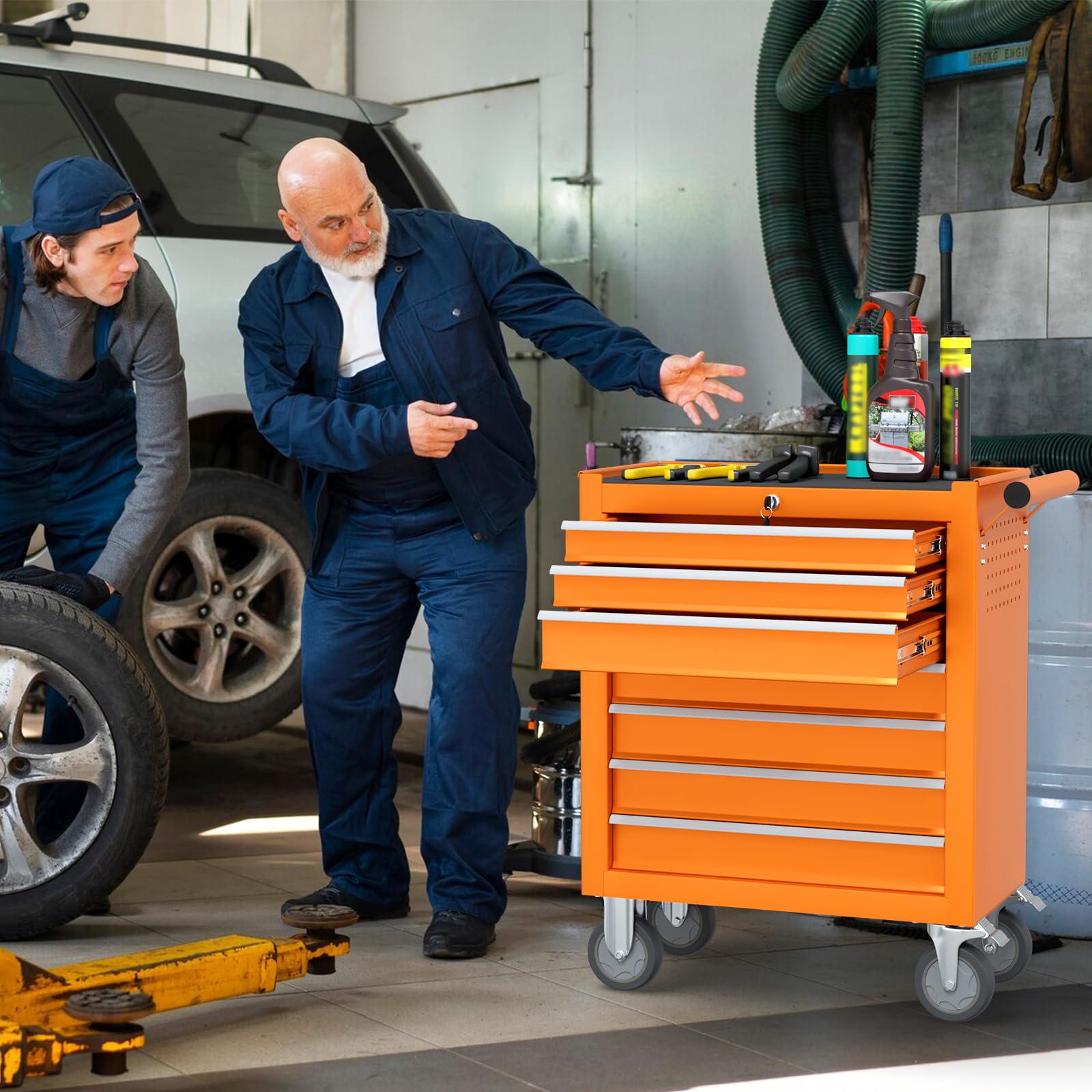 7-Drawer Rolling Tool Chest with Wheels - Heavy Duty Portable Tool Organizer for Garage, Workshop, Warehouse & Repair Shop - Orange Storage Cabinet (Perfect for Mechanics, DIY Projects & Professional Tool Organization)