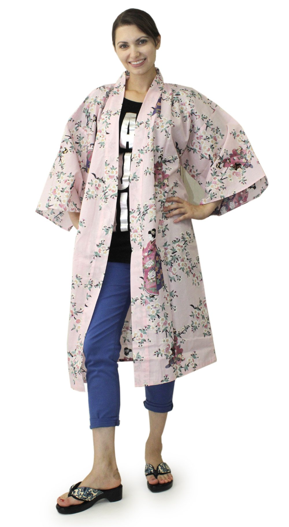 Japanese Kimono Robe for Women - Floral Cherry Blossom Cotton Bathrobe, Happi Coat Dress & Cardigan (Pink) - Perfect for Spa, Yoga, Loungewear & Asian-Themed Parties