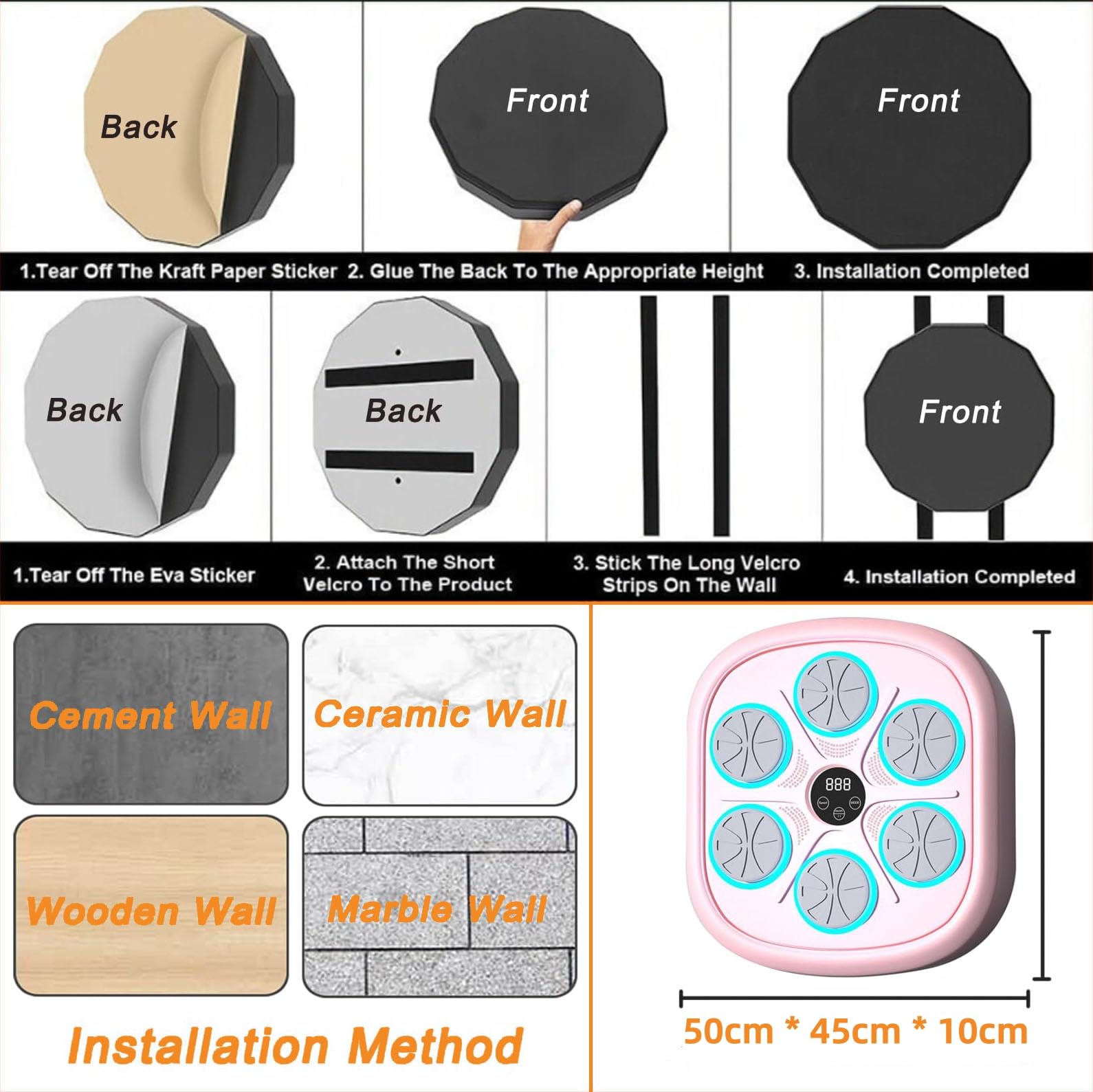 Pink Smart Wall Mounted Music Boxing Machine with Gloves - Boxing Workout Equipment for Home Gym, Fitness Training & Stress Relief