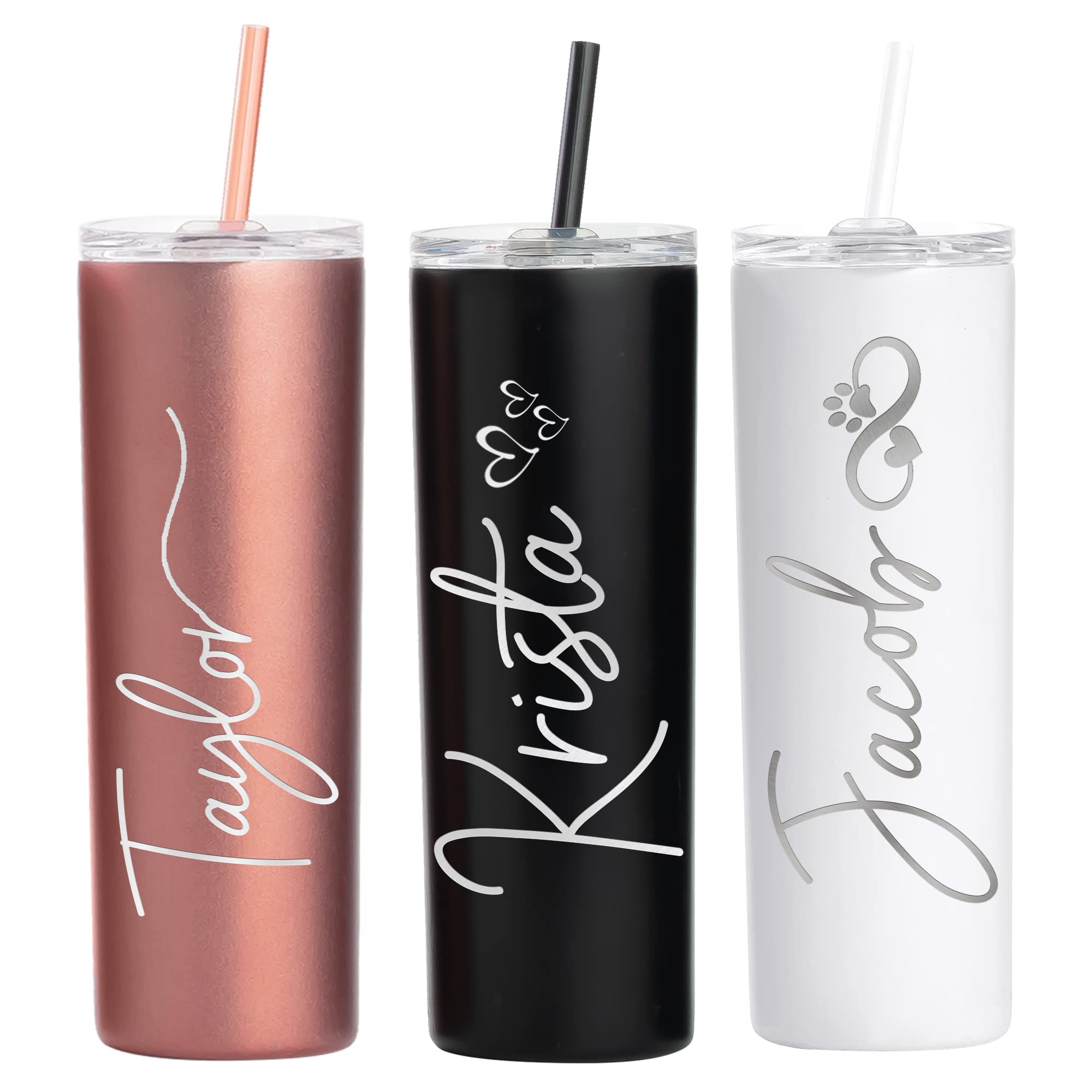 20 oz Personalized Stainless Steel Skinny Tumbler with Straw & Lid - Custom Engraved Vacuum Insulated Cup - Ideal Gift for Women, Bridesmaids, Wedding & Birthday - Perfect for Coffee, Tea & Cold Drinks On-The-Go