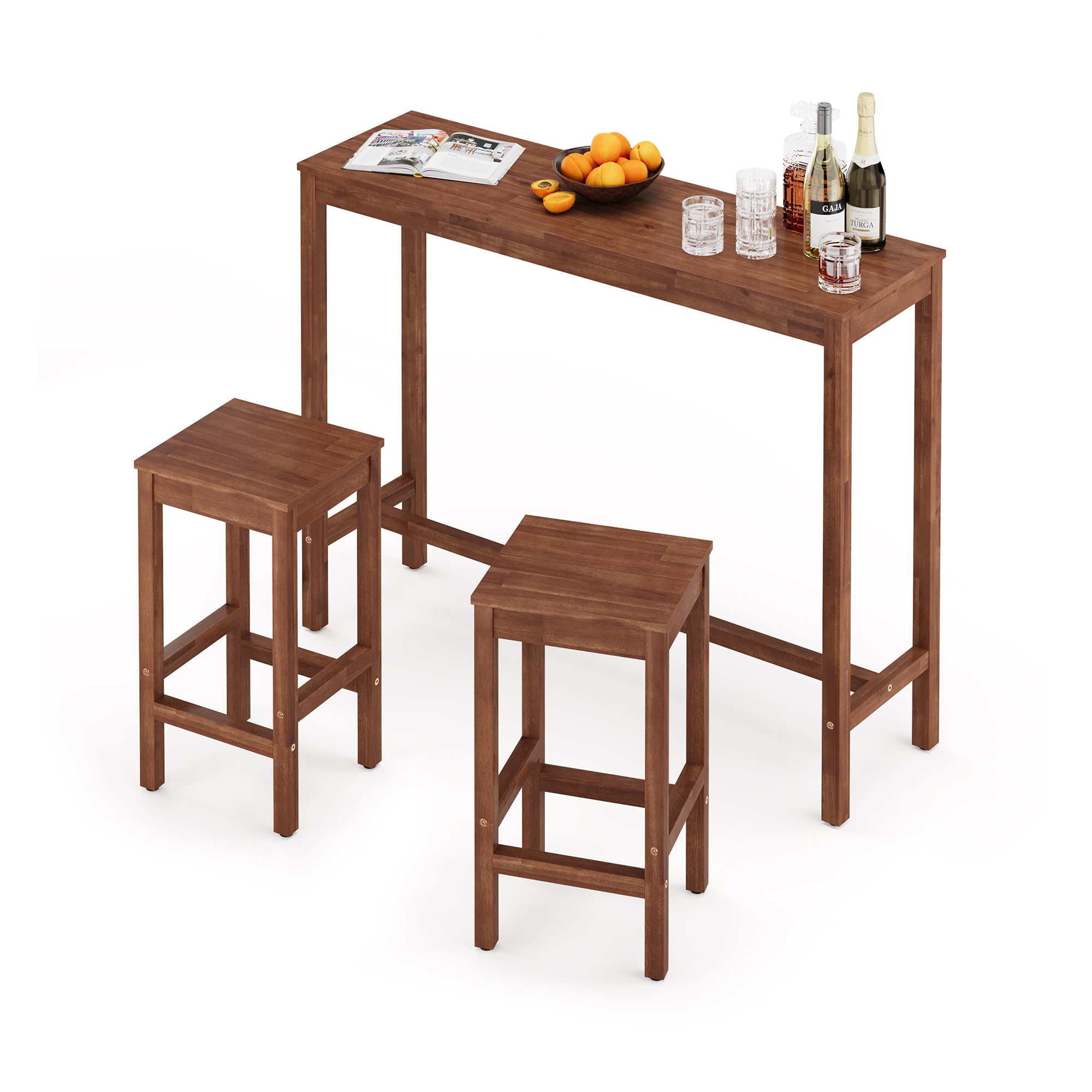 53 Inch Acacia Wood Bar Table and 2 Stools Set - Rectangular Counter Height Pub Table for Kitchen, Dining Room, Living Room - Teak Brown Finish - Perfect for Entertaining, Small Spaces & Modern Home Decor