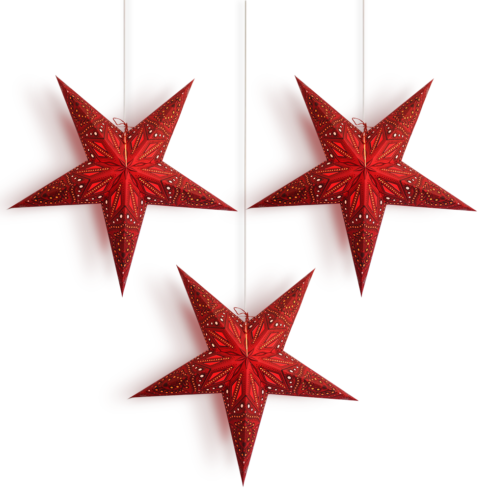 3 Pack 24 Inch Red Crystal Glitter Paper Star Lanterns with LED Bulbs & Hanging Cord - Party Decorations for Christmas, Weddings, and Home Decoration