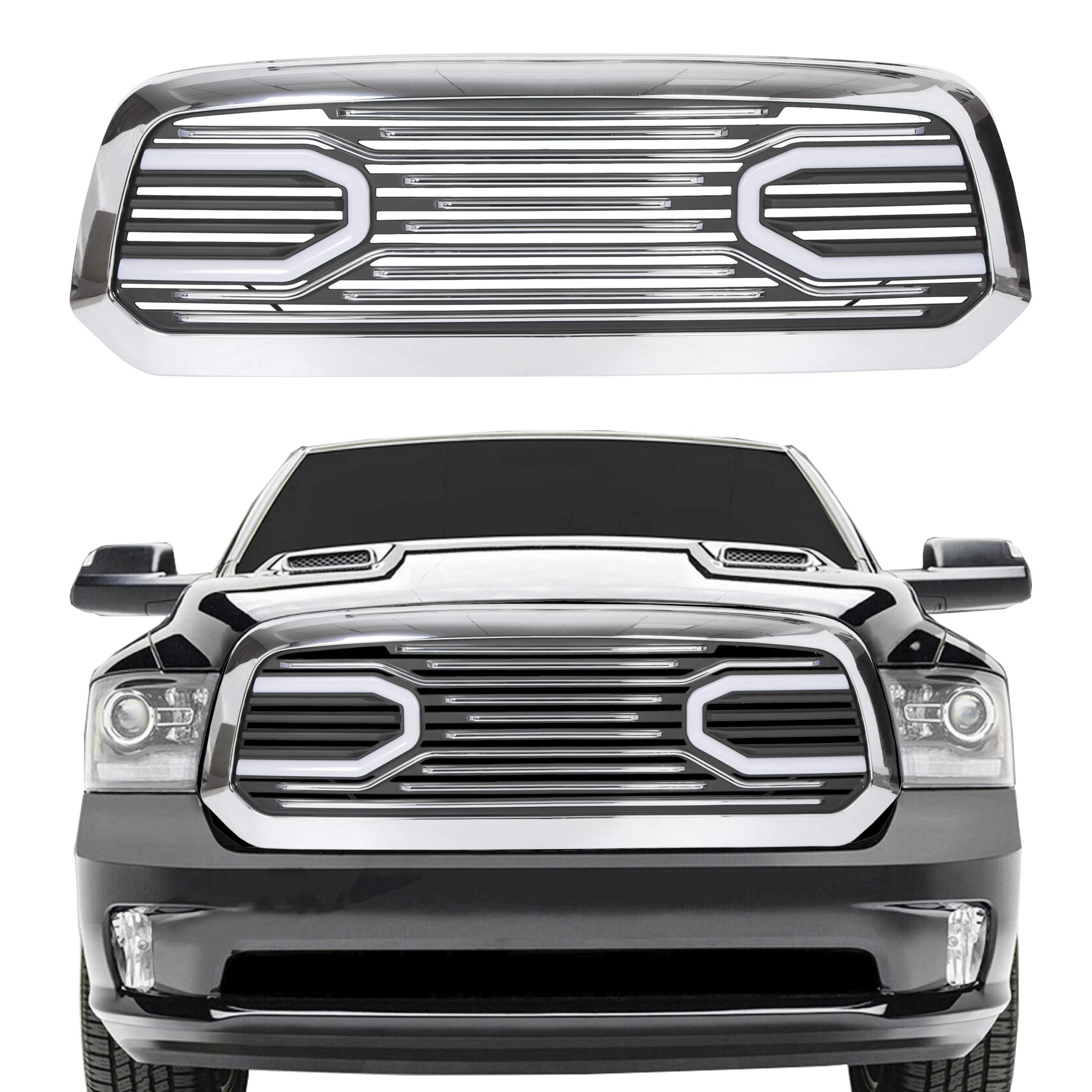 HECASA Chrome Front Big Horn Grille Replacement Shell Compatible with 2013-2018 Dodge RAM 1500 (With Light) - Upgrade Your Truck's Style for Off-Roading & Show Car Events