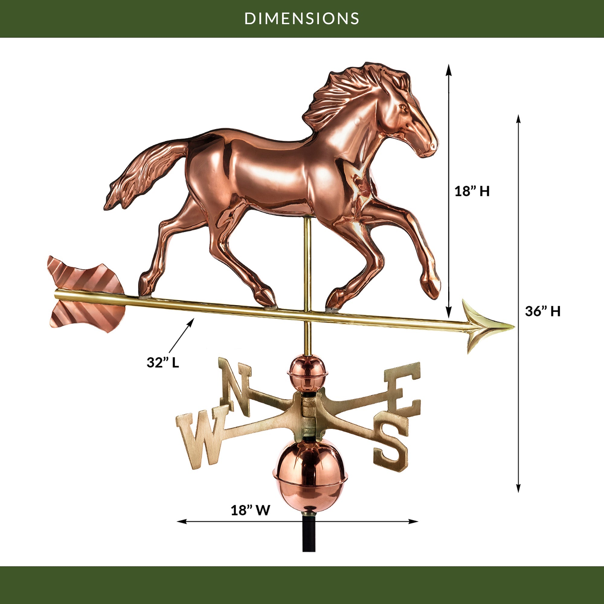 Smithsonian Running Horse Weathervane - Classic Copper Weather Vane for Roof, Garden, or Barn - Perfect for Outdoor Decor & Farmhouse Style