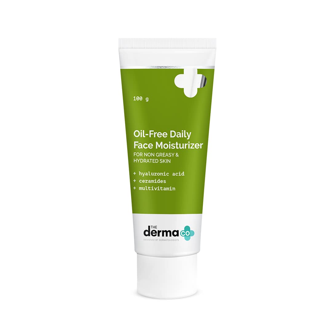 The Derma Co Oil-Free Daily Face Moisturizer with Hyaluronic Acid, Ceramides & Multivitamins - Lightweight Hydration for Dry & Sensitive Skin - Strengthens Skin Barrier - 100g - Perfect for Morning & Night Skincare Routine