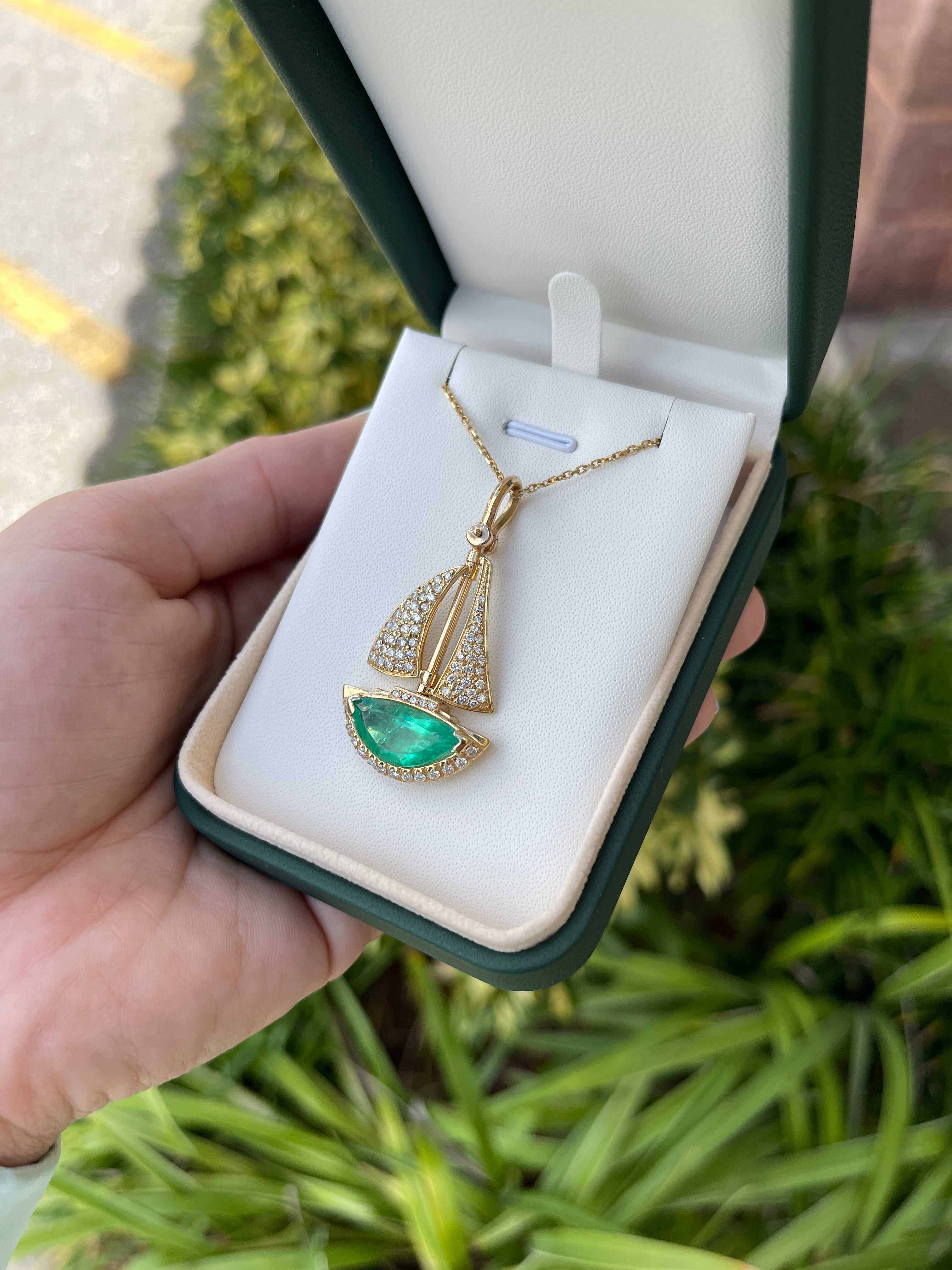 6.61tcw AAA Quality Half Moon Colombian Emerald & Diamond Handmade Sailboat 14K Gold Pendant - Perfect for Nautical Jewelry Gifts, Beach Weddings & Cruise Vacations