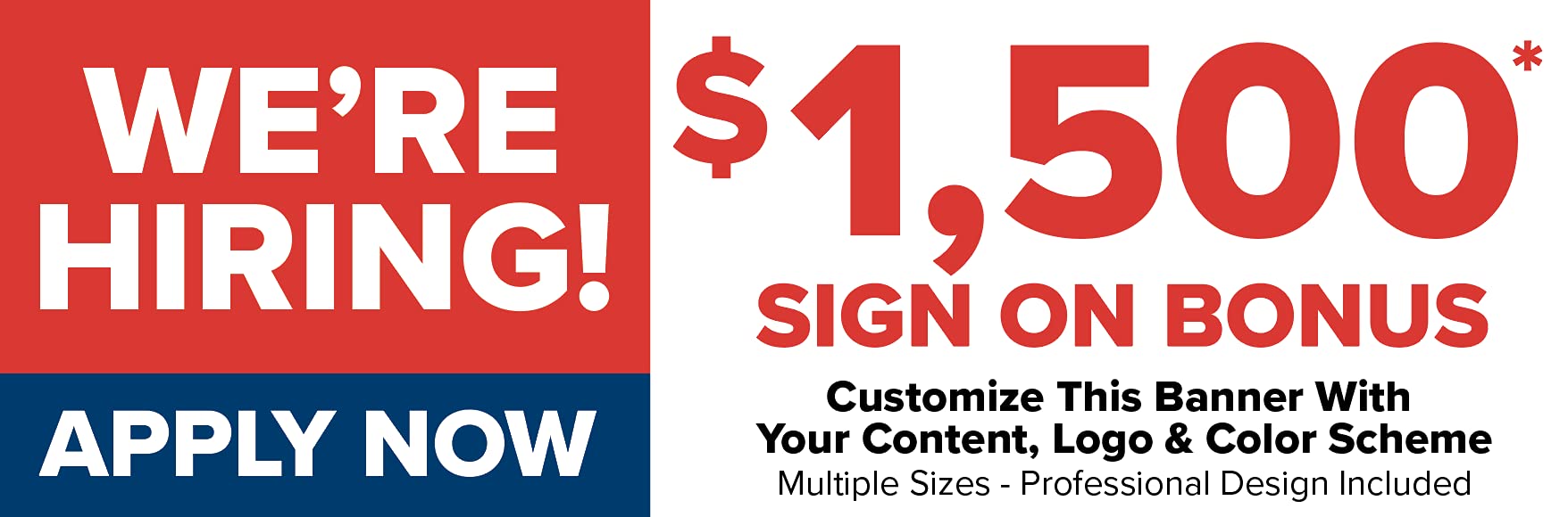 Custom Hiring Now Banner with Sign-On Bonus & Personalized Text - 5ft x 12ft Vinyl Sign for Job Fairs, Retail Stores & Business Openings