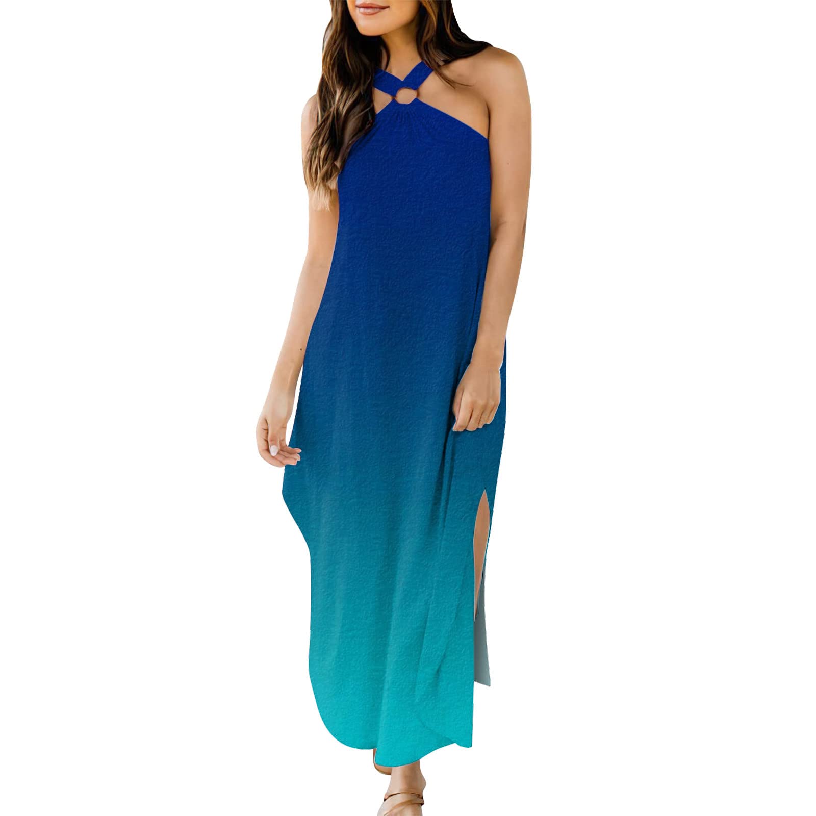 Petite Spring Maxi Dresses for Women - Summer Casual Criss Cross Sundress with Sleeveless Design & Side Pockets | Perfect for Beach Vacations, Date Nights & Summer Parties