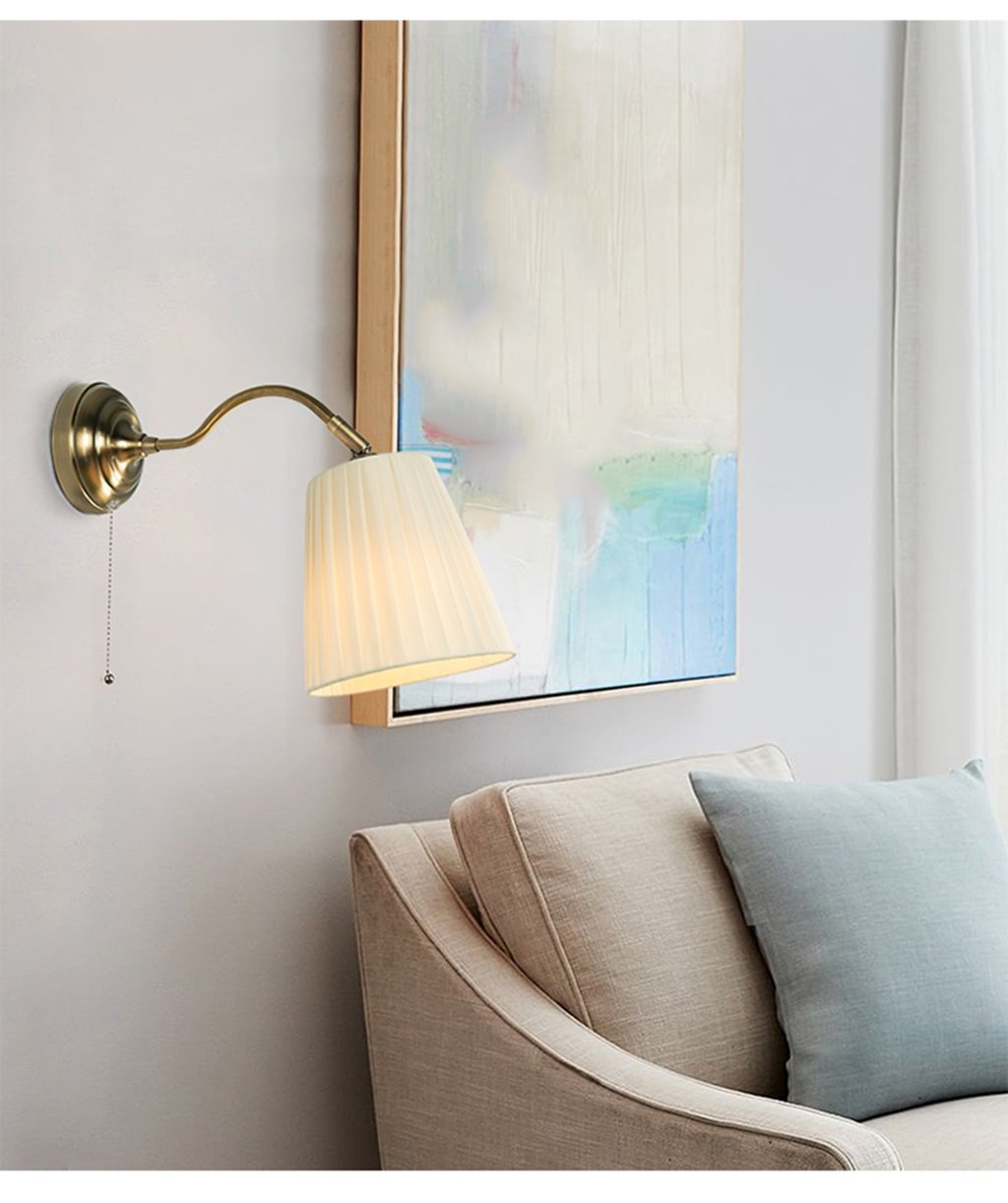 LED Wall Sconce with Plug-in & Pull Chain Switch - E27 Bedside Reading Lamp - Adjustable Metal & Fabric Shade - Perfect for Bedroom, Living Room, and Study Lighting