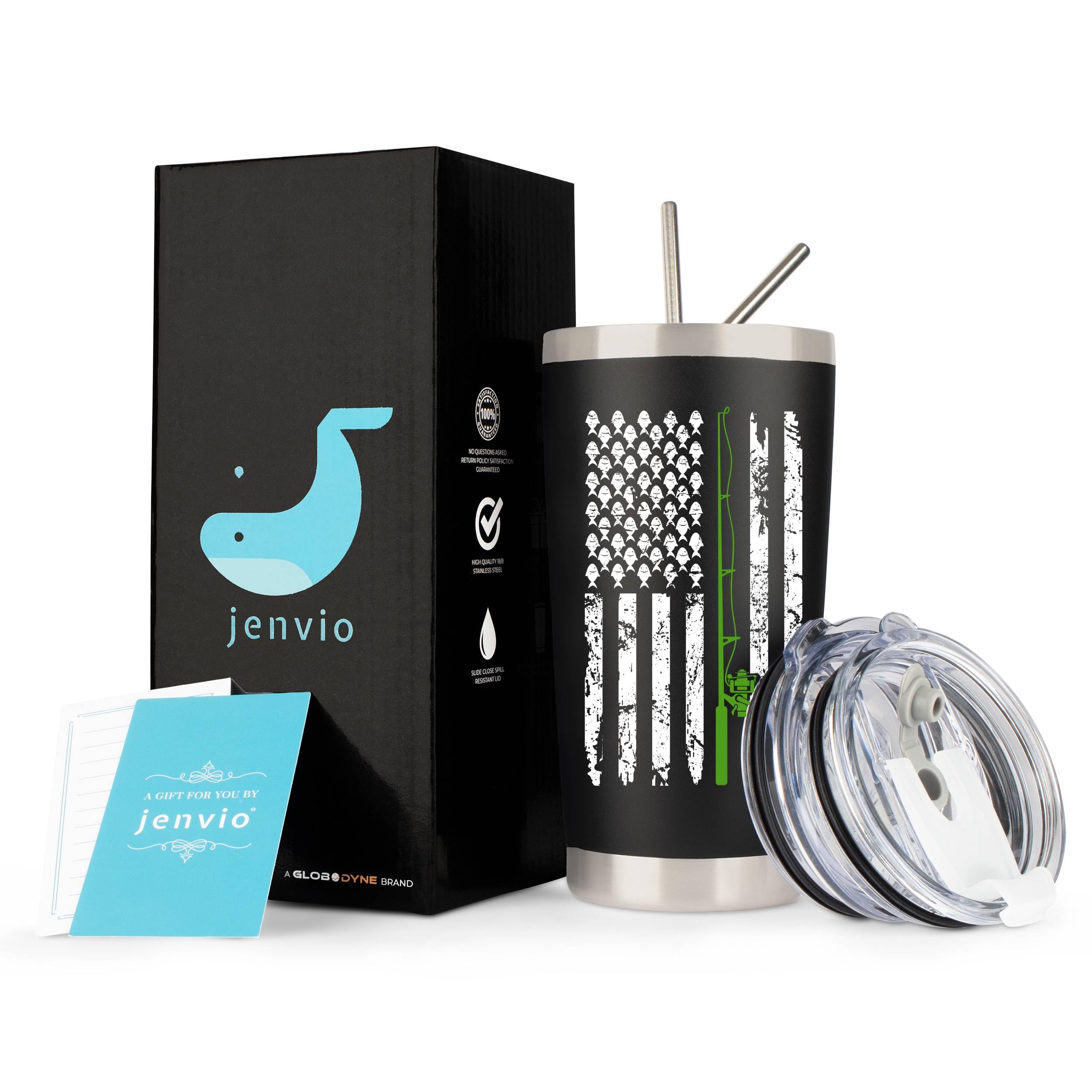 JENVIO 20oz Stainless Steel Travel Tumbler for Men - Double Wall Vacuum Insulated Coffee Mug with 2 Lids & 2 Straws - Funny Fishing Theme Gift for Valentine's Day, Birthday or Christmas - Perfect for Camping, Office & Outdoor Adventures